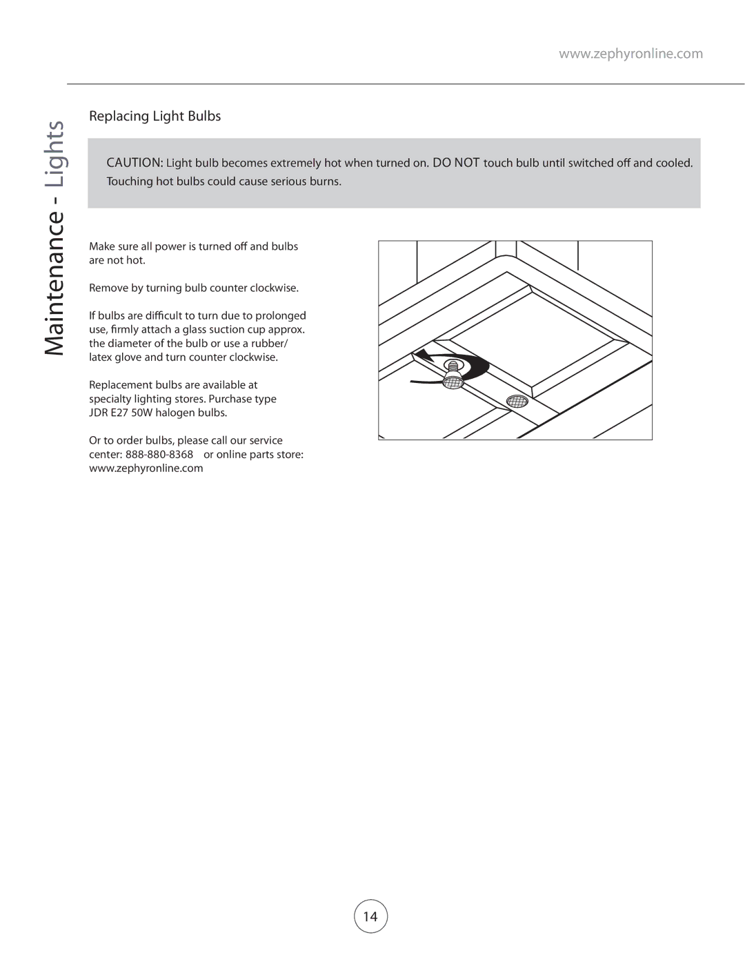 Zephyr ZVE-E36S, ZVE-E30S, ZVE-E42S manual Maintenance Lights, Replacing Light Bulbs 