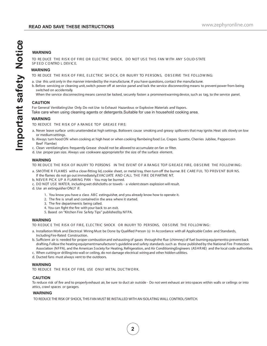 Zephyr ZVE-E36S, ZVE-E30S, ZVE-E42S manual Important safety Notice, Read and Save These Instructions 