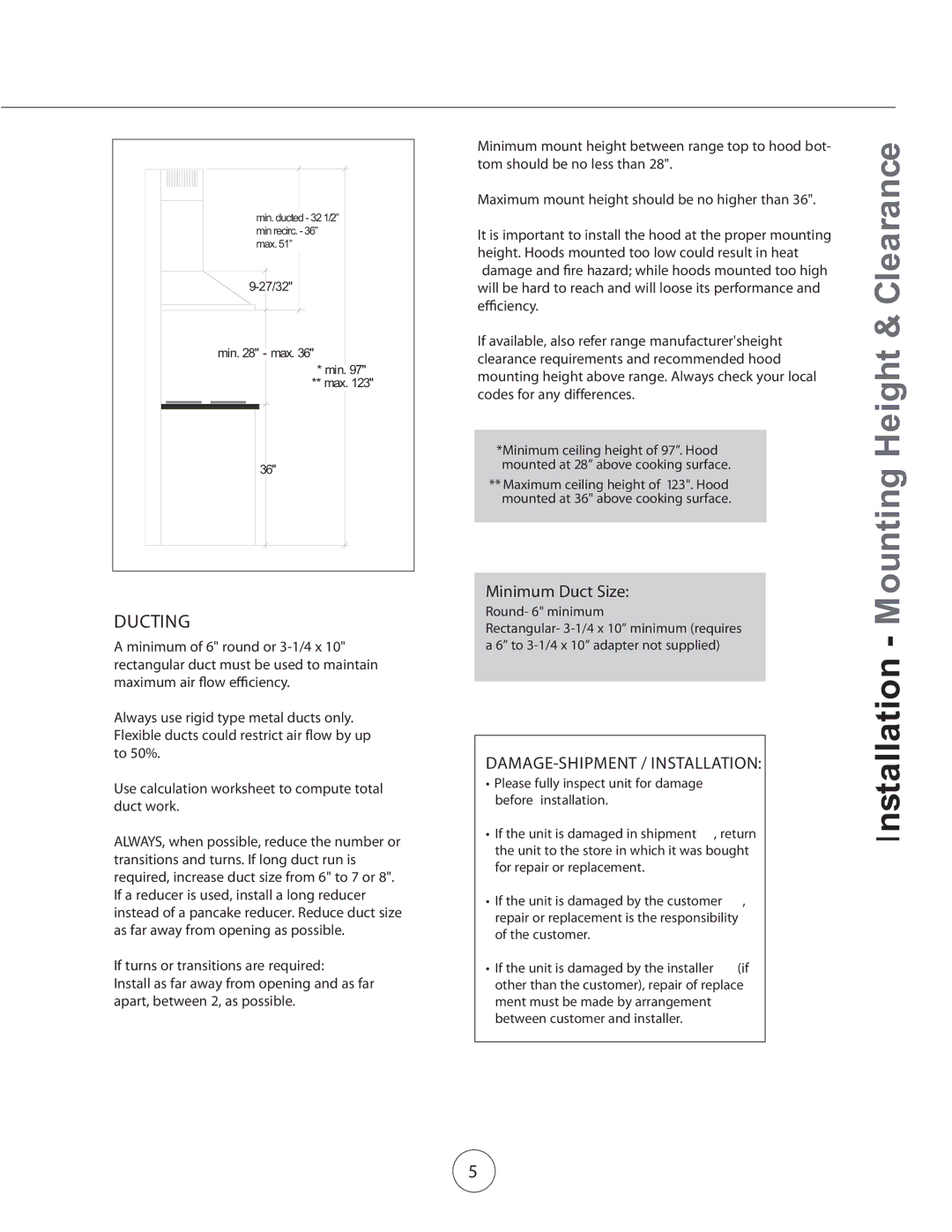 Zephyr ZVE-E36S, ZVE-E30S, ZVE-E42S manual Installation Mounting Height & Clearance, Minimum Duct Size 