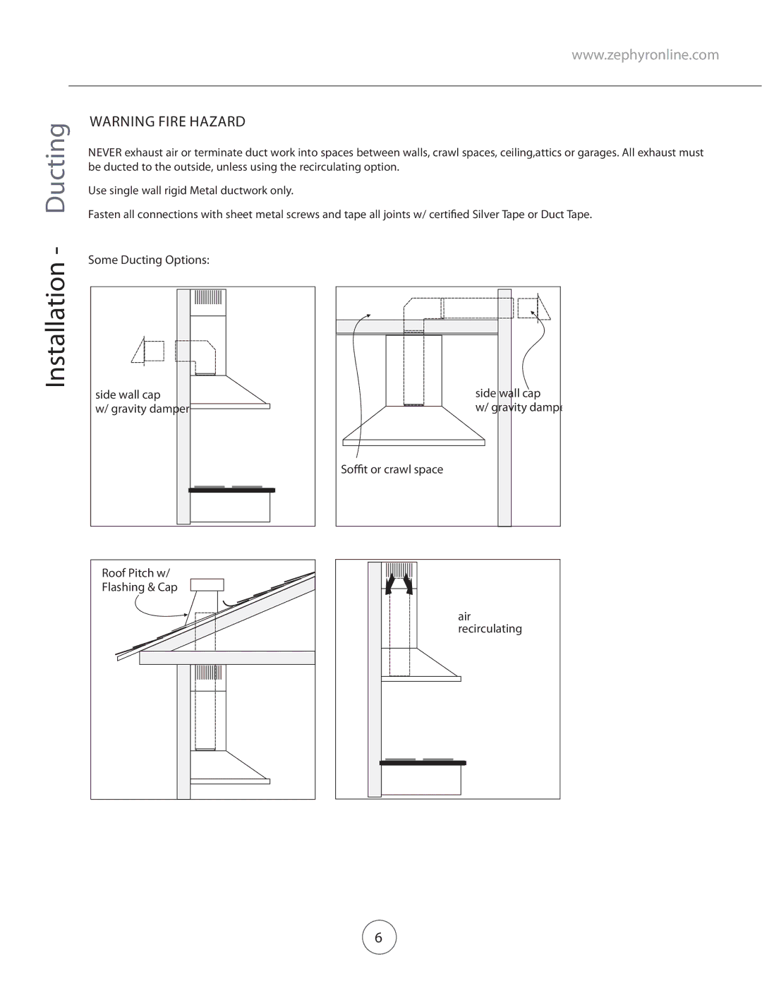 Zephyr ZVE-E42S, ZVE-E30S, ZVE-E36S manual Installation Ducting 