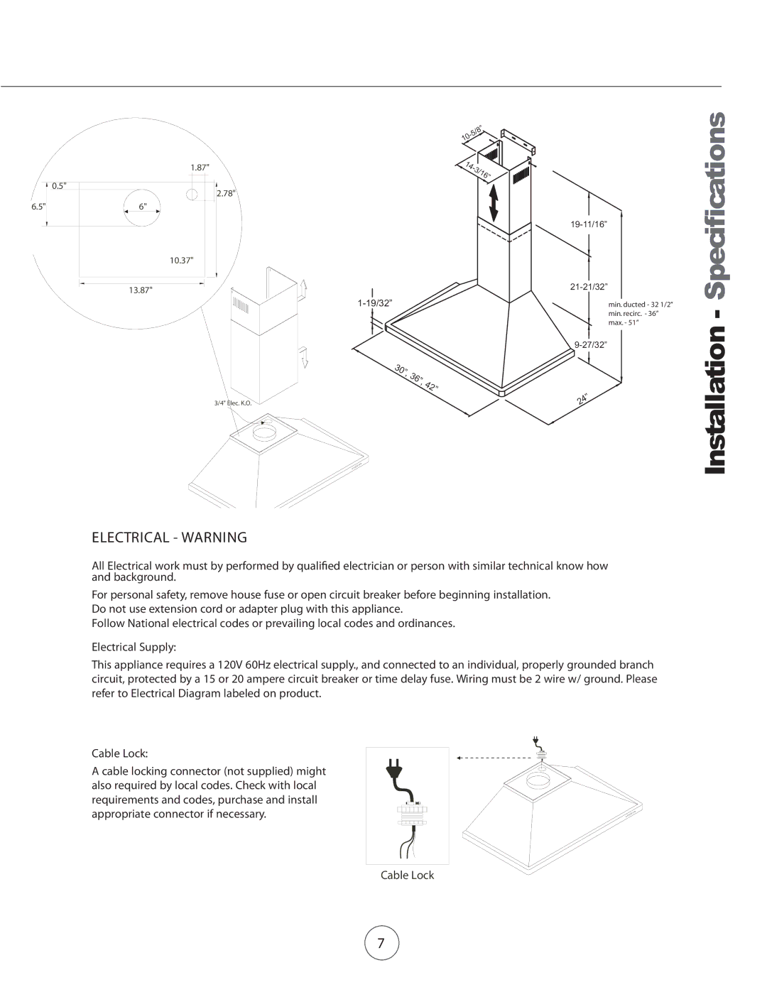 Zephyr ZVE-E30S, ZVE-E36S, ZVE-E42S manual Specifications, Installation 