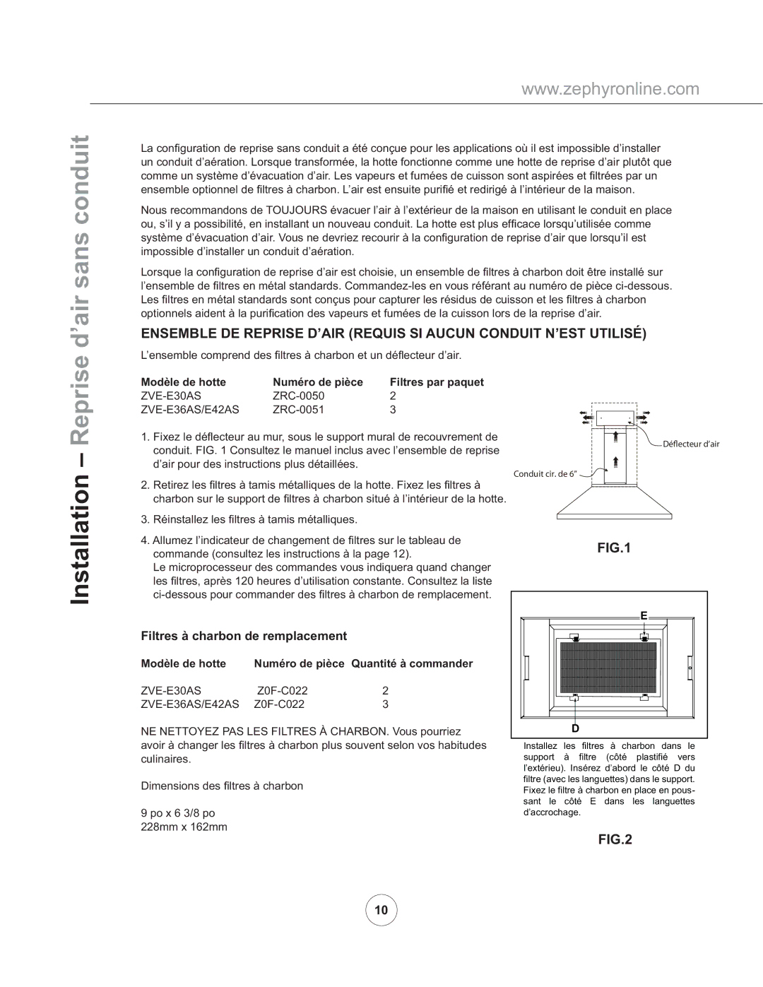 Zephyr ZVE-E36AS, ZVE-E42AS Installation Reprise d’air sans conduit, Modèle de hotte Numéro de pièce Filtres par paquet 