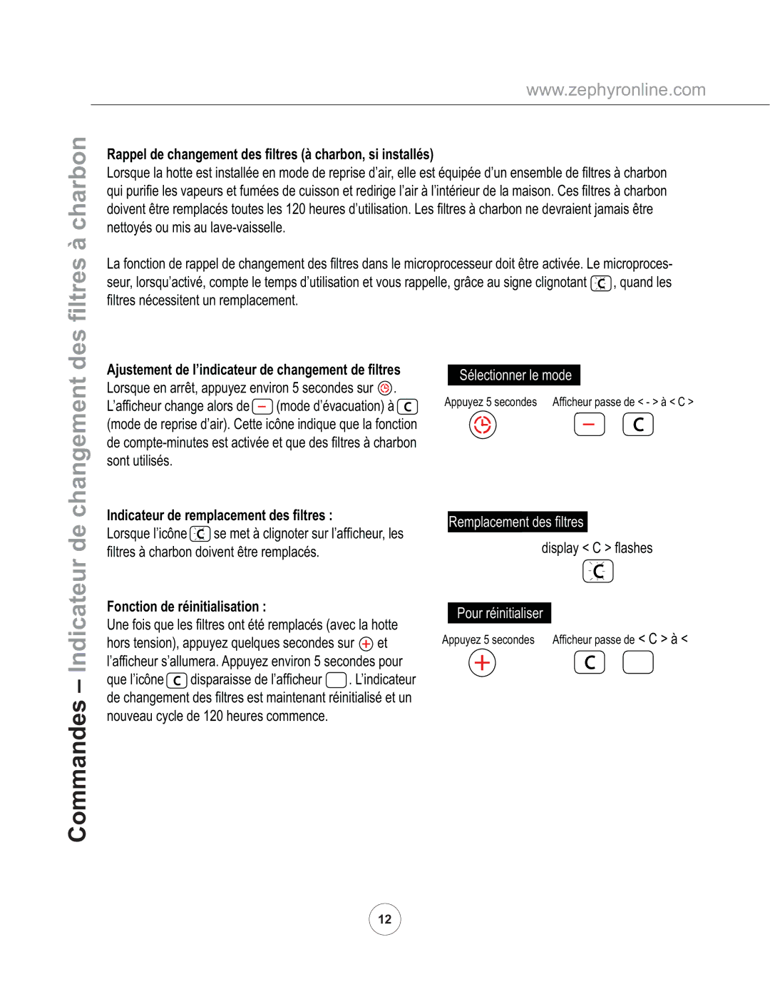 Zephyr ZVE-E30AS, ZVE-E36AS, ZVE-E42AS manual Rappel de changement des filtres à charbon, si installés 
