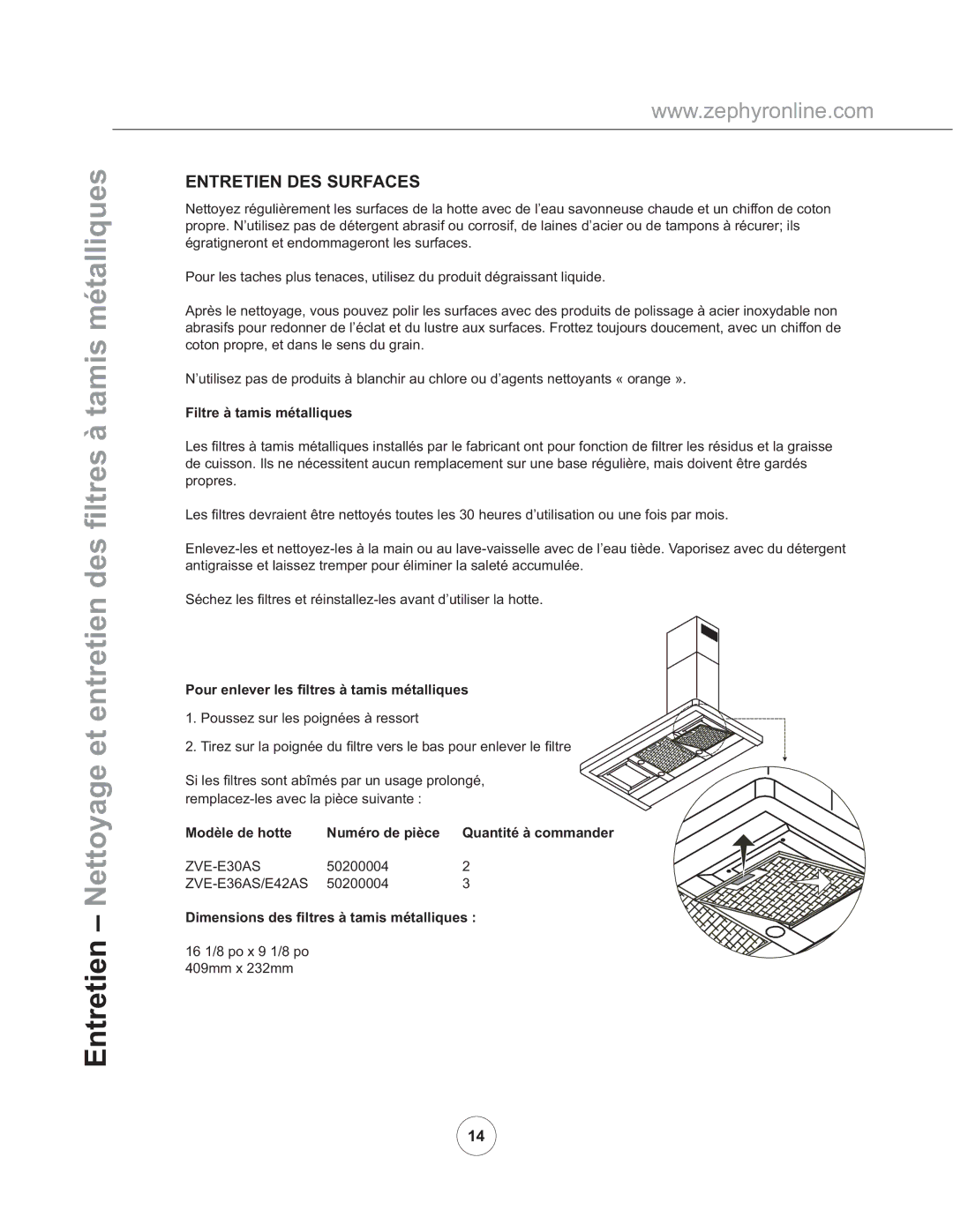 Zephyr ZVE-E42AS manual Entretien DES Surfaces, Filtre à tamis métalliques, 3RXUHQOHYHUOHV¿OWUHVjWDPLVPpWDOOLTXHV 