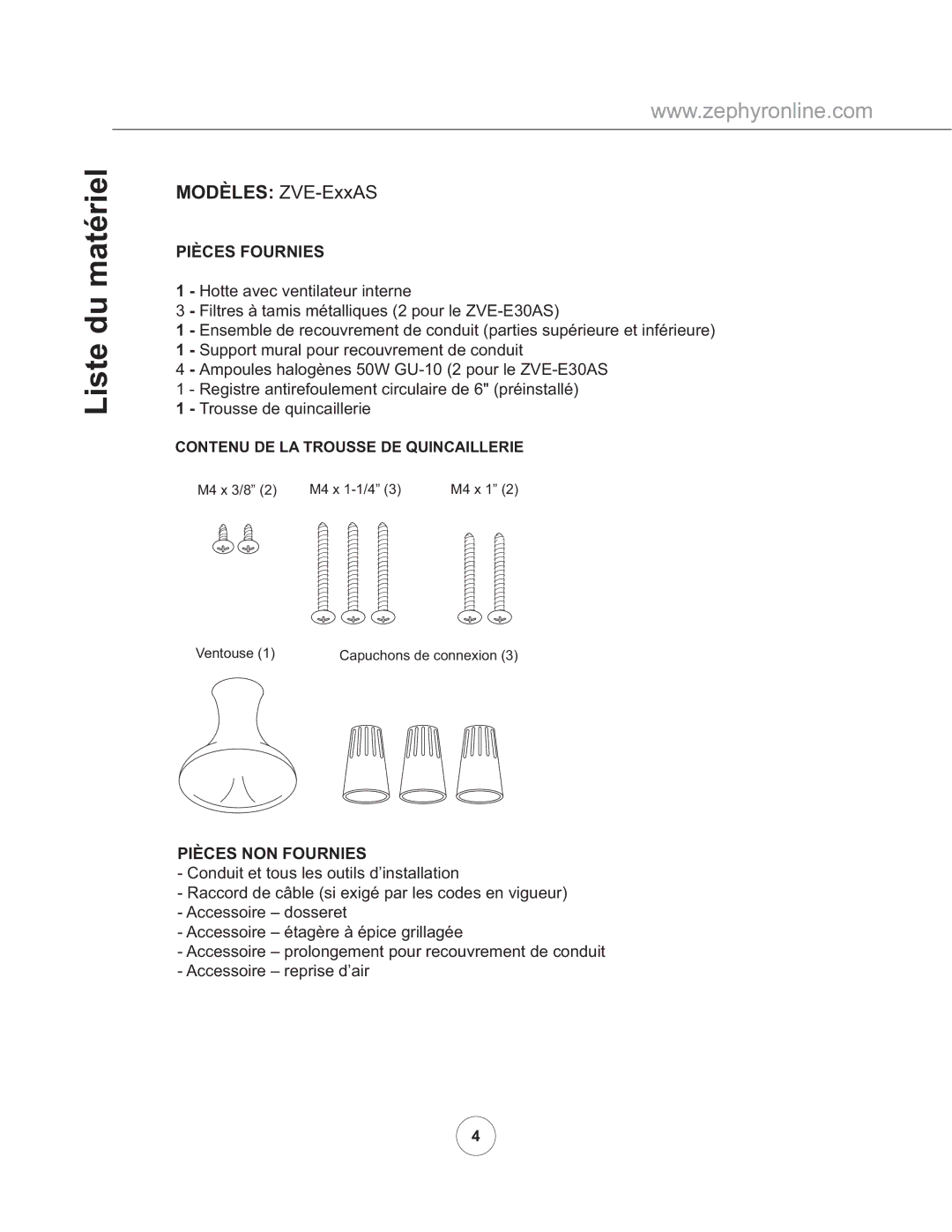 Zephyr ZVE-E36AS, ZVE-E42AS, ZVE-E30AS manual Liste du matériel, Modèles ZVE-ExxAS 