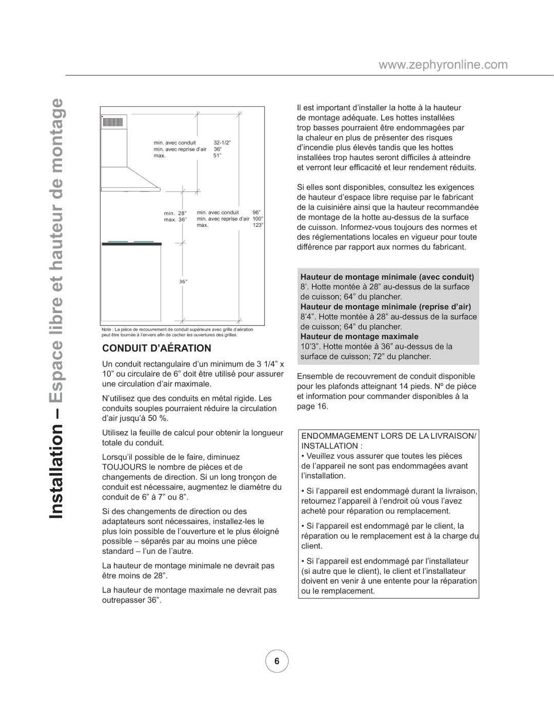 Zephyr ZVE-E30AS manual Installation Espace libre et hauteur de montage, Conduit D’AÉRATION, Hauteur de montage maximale 