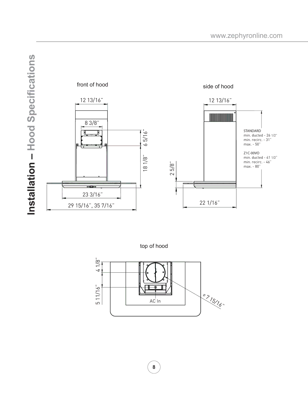 Zephyr ZVO-E30AG, ZVO-M90AG manual Speciﬁcations, Installation Hood 