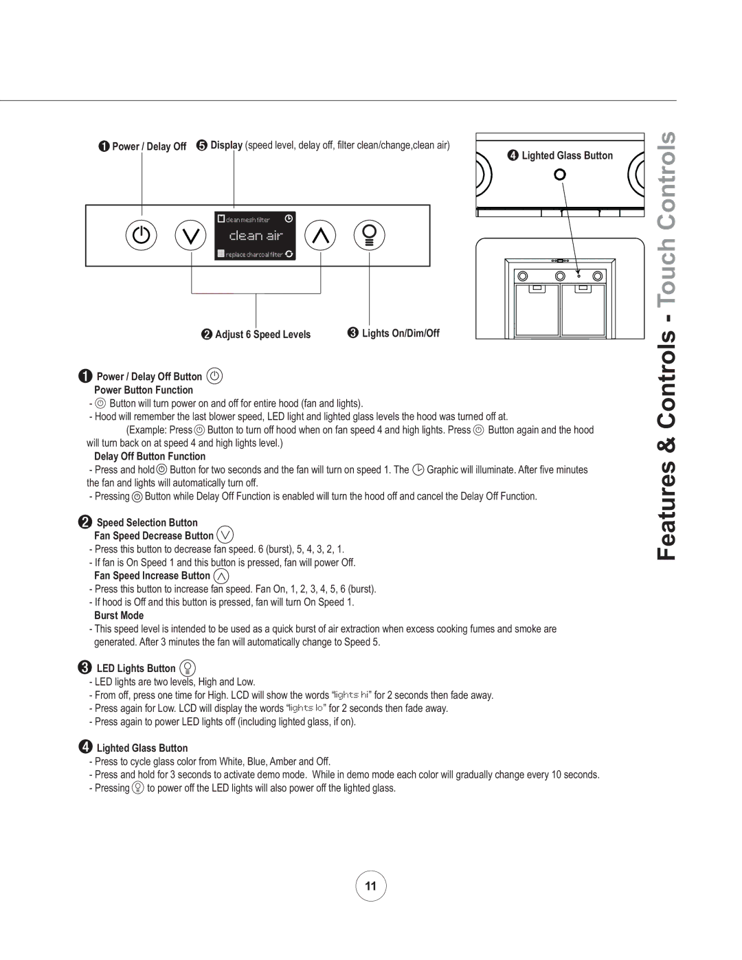 Zephyr ZVO-M90AG, ZVO-E30AG manual Features & Controls Touch Controls 