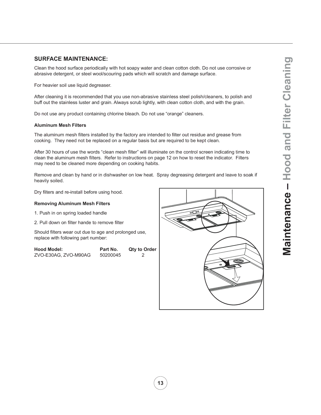 Zephyr ZVO-M90AG, ZVO-E30AG manual Maintenance Hood and Filter Cleaning, Surface Maintenance, Aluminum Mesh Filters 