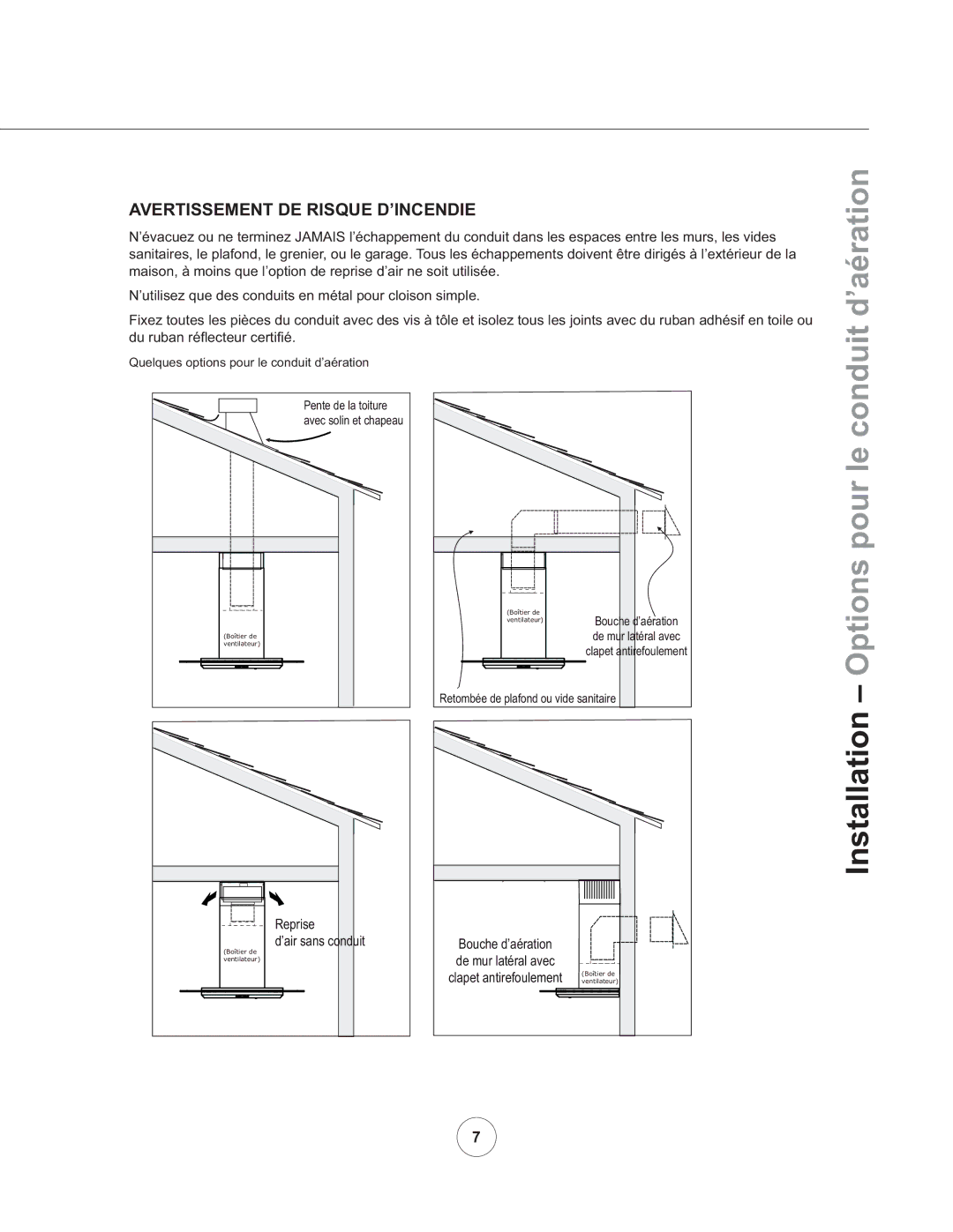 Zephyr ZVO-E30AG, ZVO-M90AG manual Conduit d’aération, Installation Options pour le, Avertissement DE Risque D’INCENDIE 