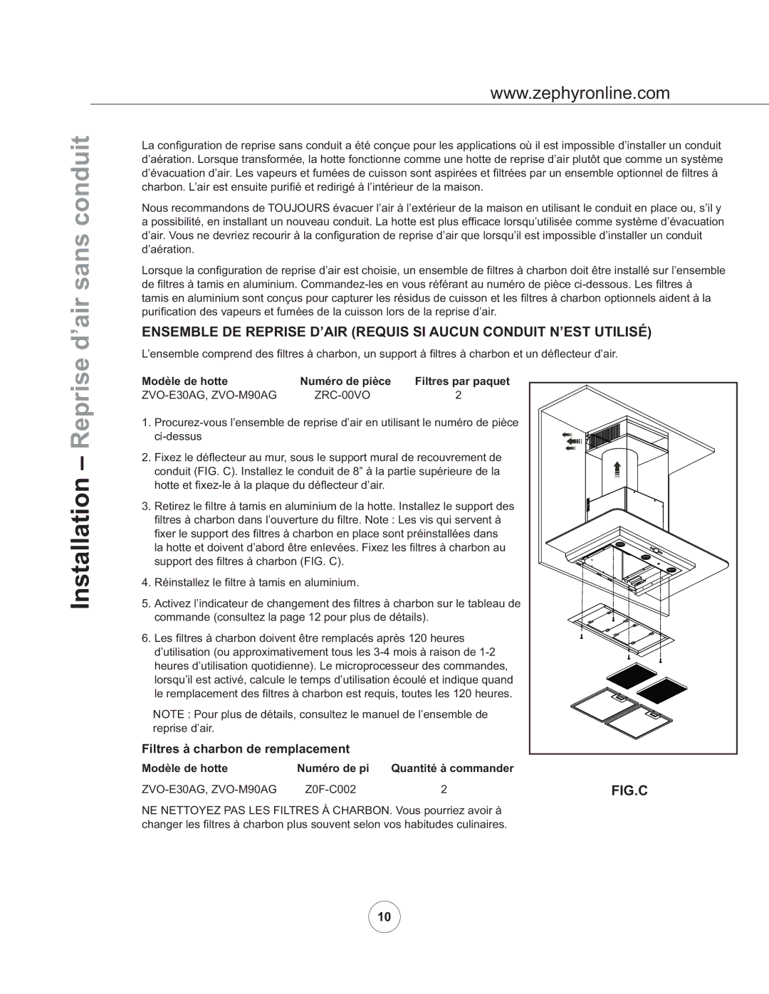 Zephyr ZVO-M90AG, ZVO-E30AG manual ’air sans conduit, Modèle de hotte Numéro de pièce Filtres par paquet 