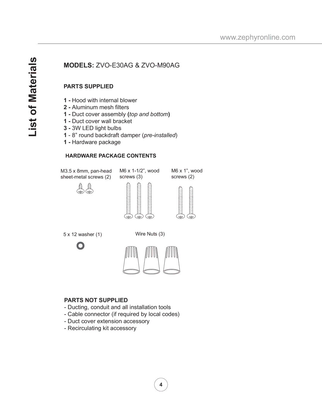 Zephyr manual List of Materials, Models ZVO-E30AG & ZVO-M90AG 