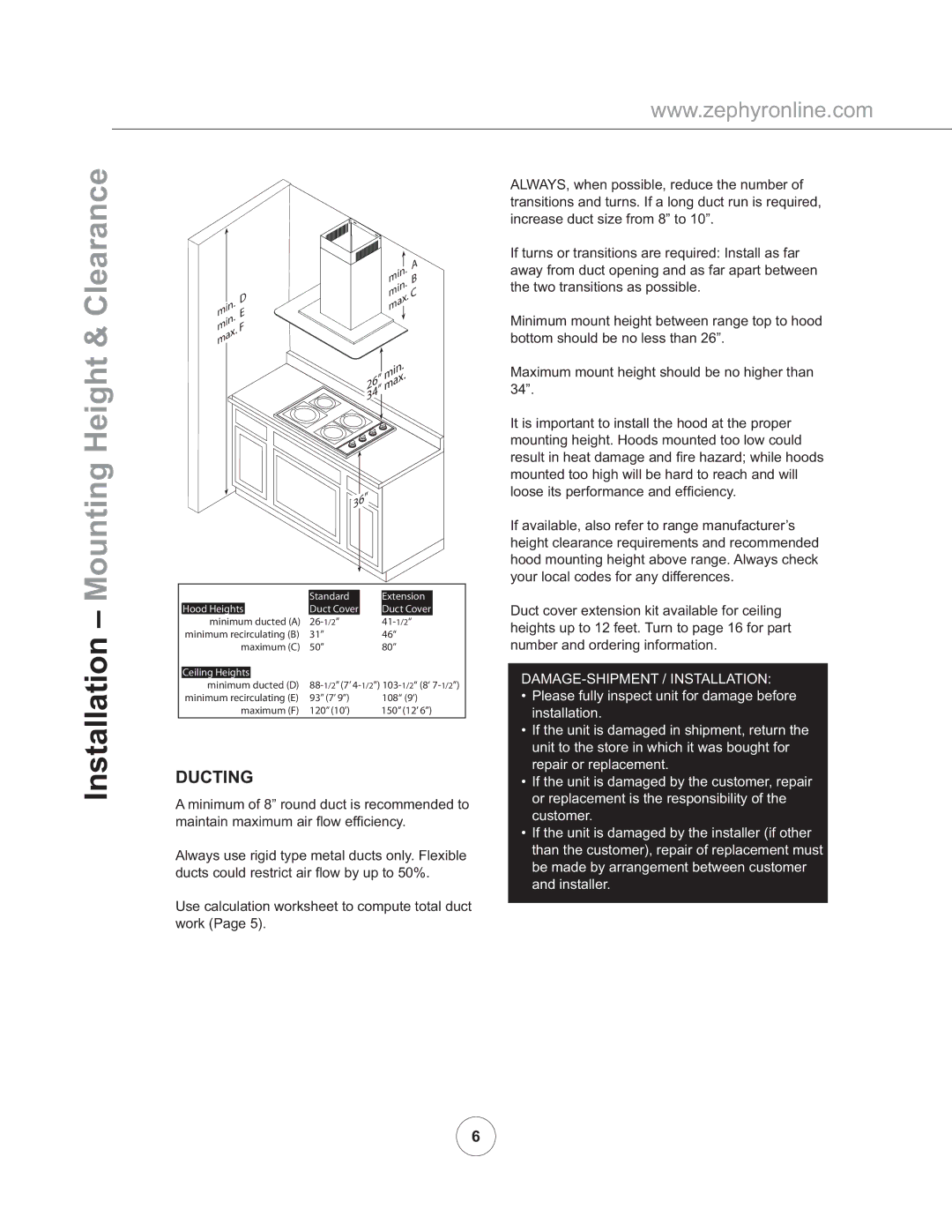 Zephyr ZVO-E30AG, ZVO-M90AG manual Installation Mounting Height & Clearance, Ducting 