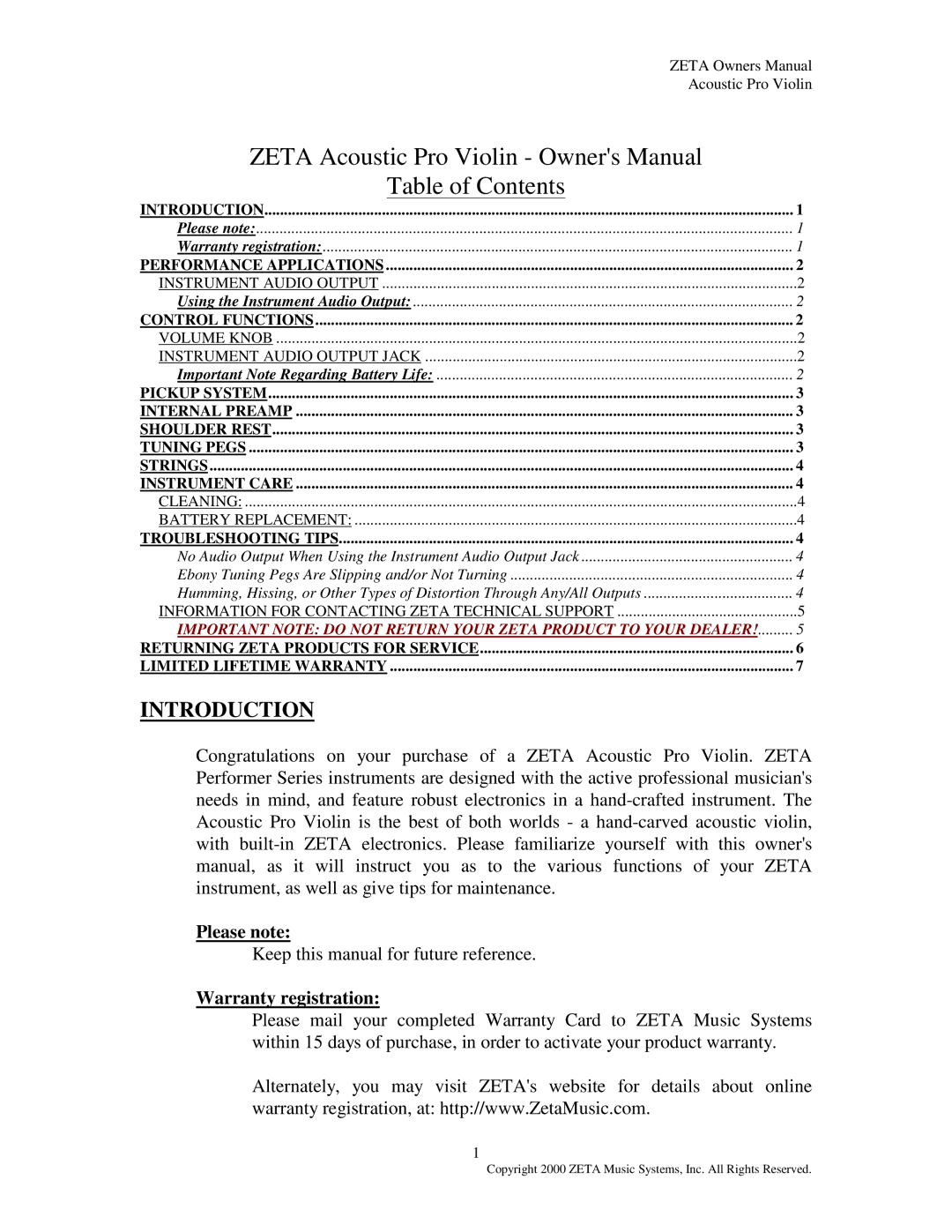 ZETA Music Systems Pro Violin manual Table of Contents 