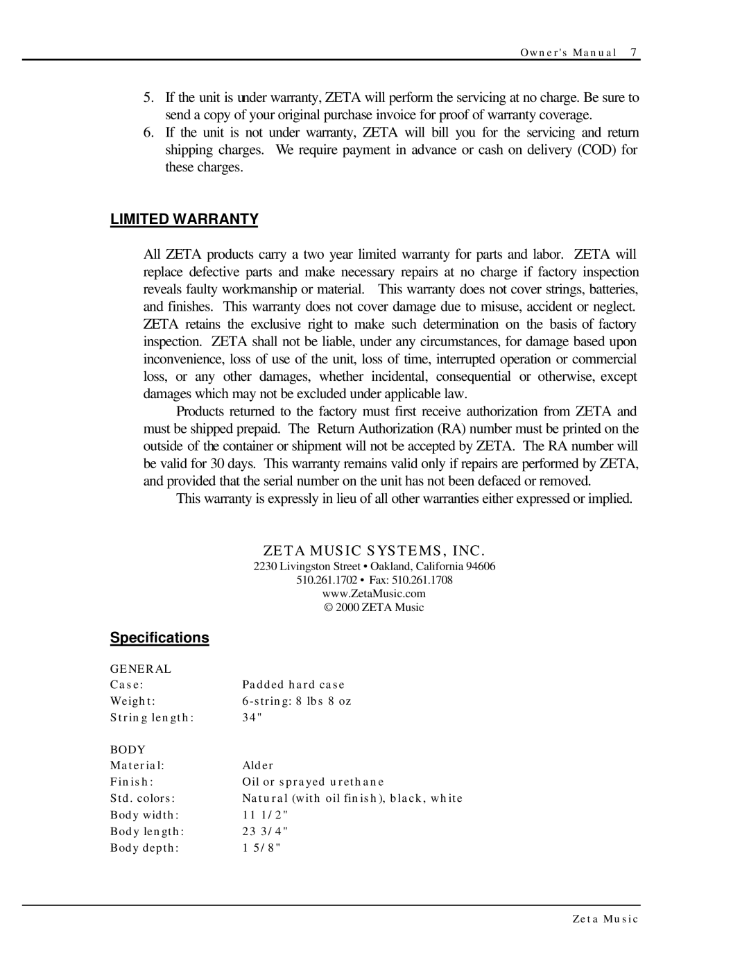 ZETA Music Systems XB-306 manual Limited Warranty, General, Body 