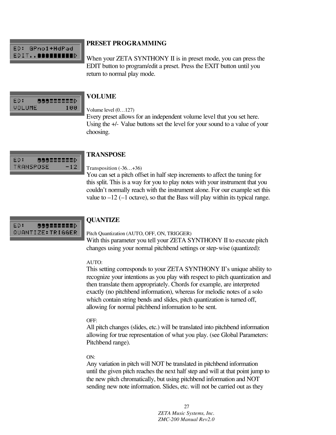 ZETA Music Systems ZMC-200 manual Preset Programming, Volume, Transpose, Quantize 