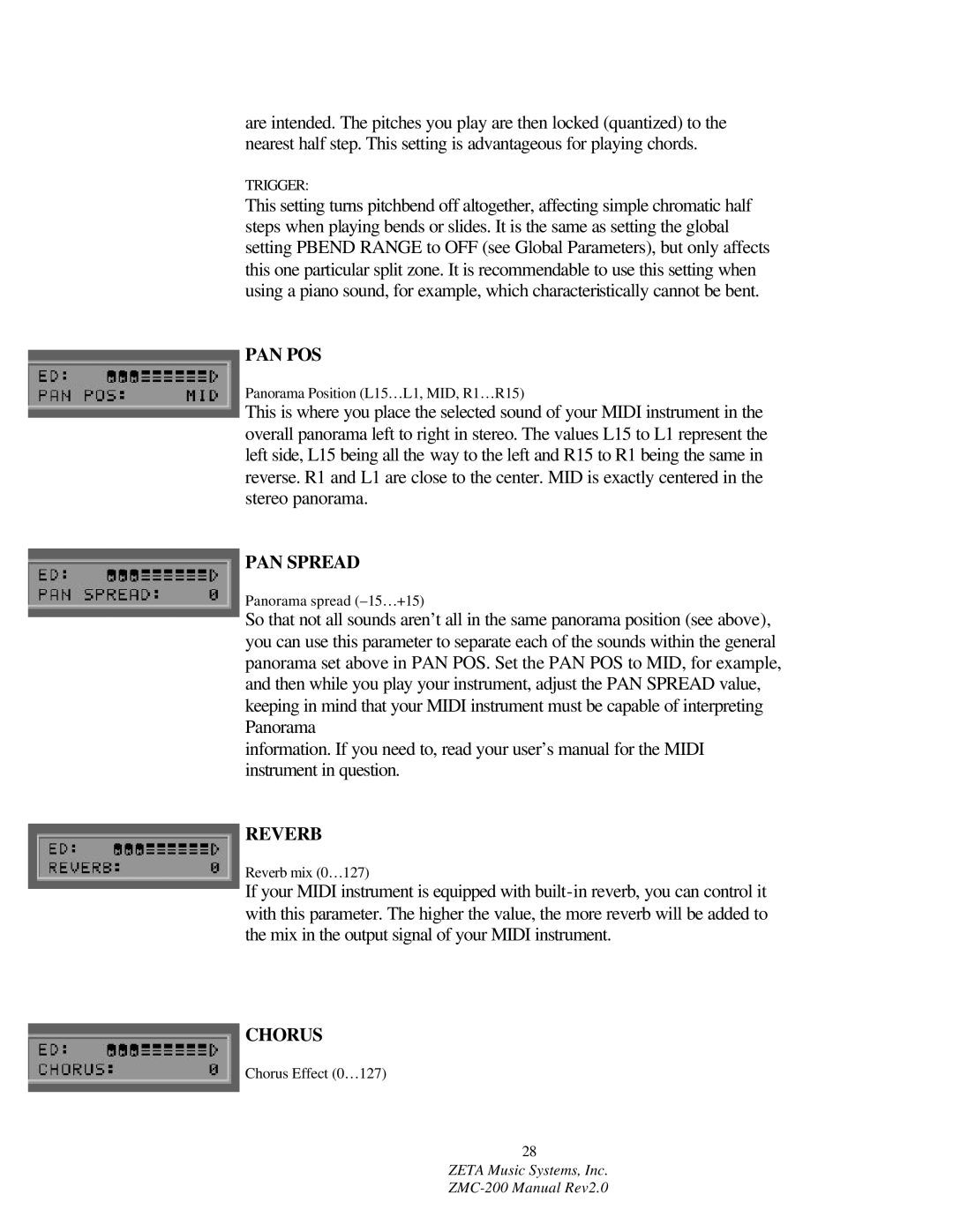 ZETA Music Systems ZMC-200 manual Pan Pos, PAN Spread, Reverb, Chorus 