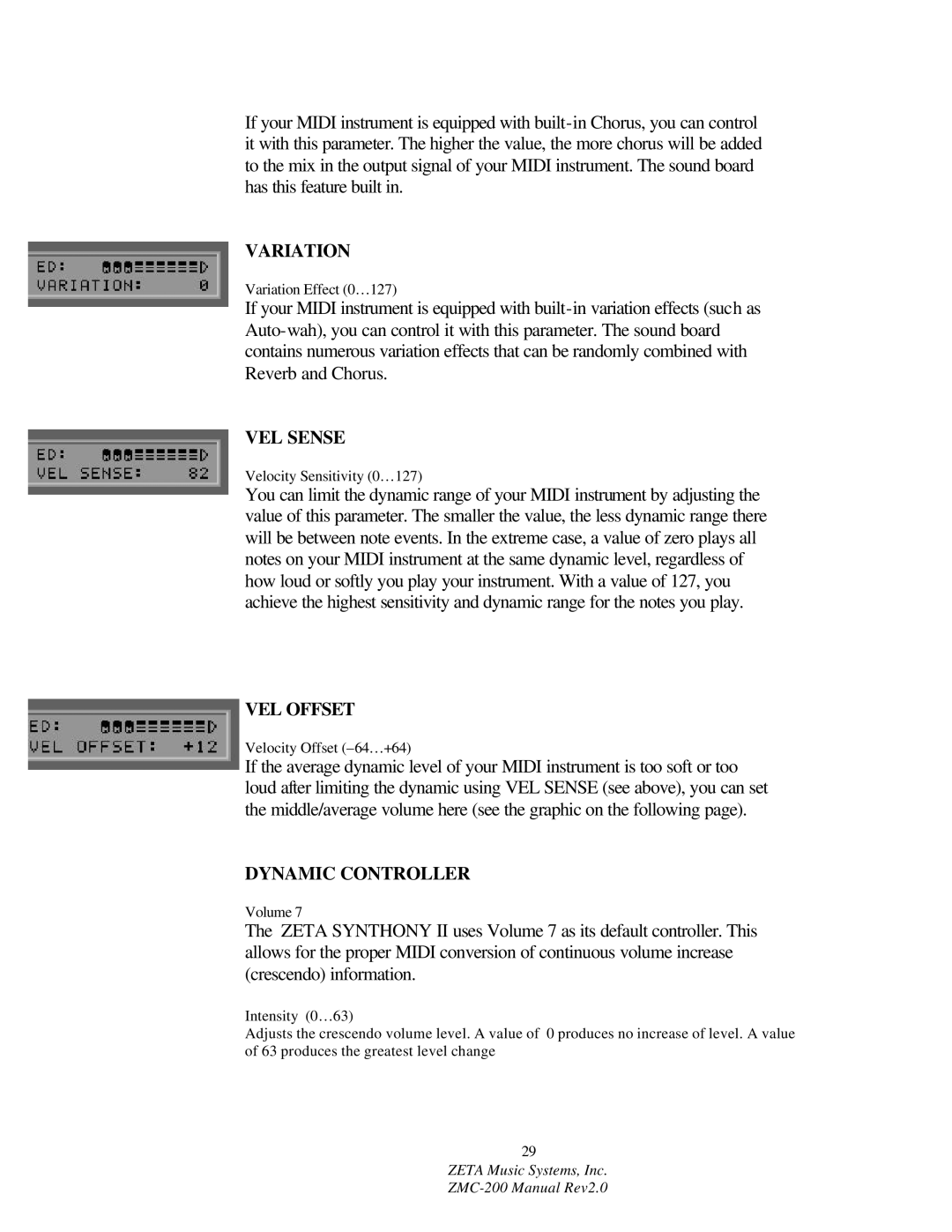 ZETA Music Systems ZMC-200 manual Variation, VEL Sense, VEL Offset, Dynamic Controller 