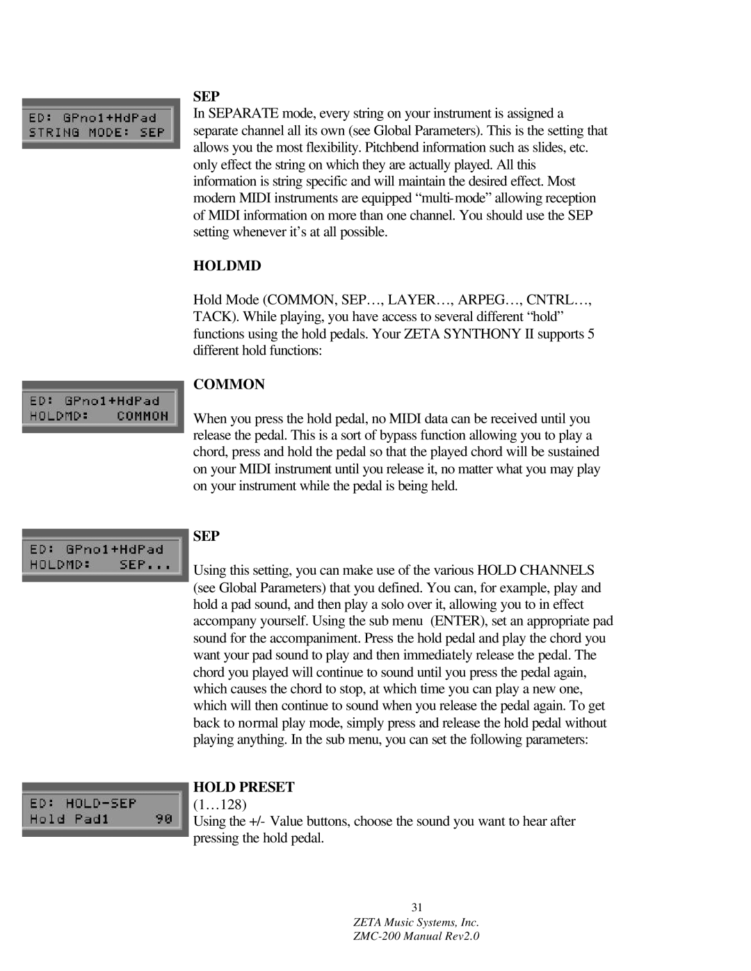 ZETA Music Systems ZMC-200 manual Sep, Holdmd, Common, Hold Preset 1…128 