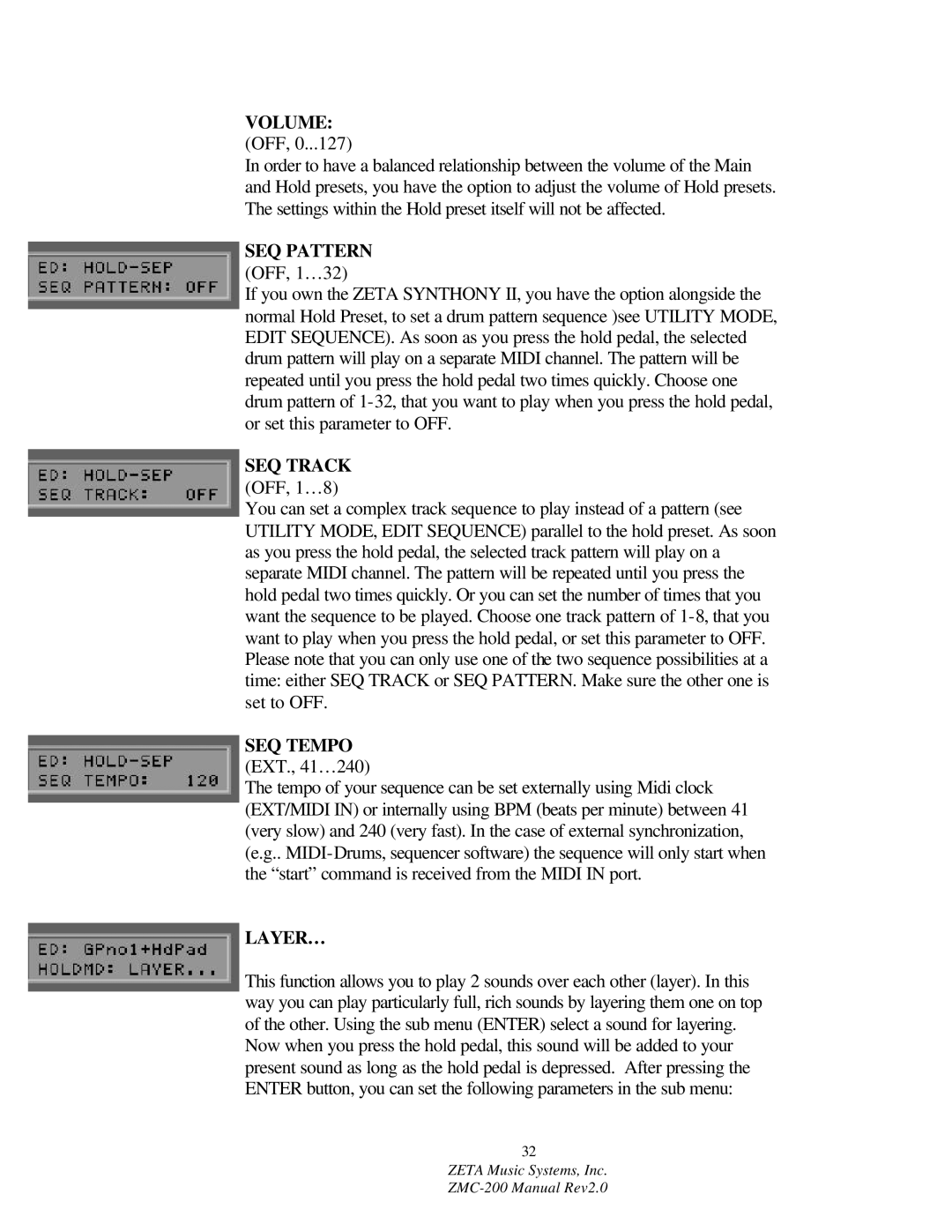 ZETA Music Systems ZMC-200 manual Volume OFF, SEQ Pattern OFF, 1…32, SEQ Track OFF, 1…8, SEQ Tempo EXT., 41…240, Layer… 