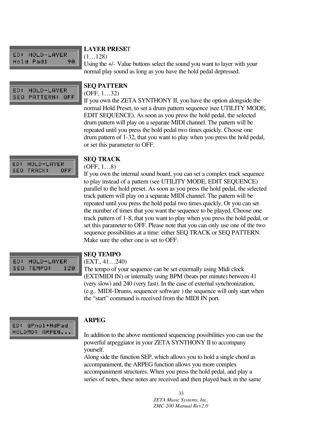 ZETA Music Systems ZMC-200 manual Layer Preset 1…128, Arpeg 