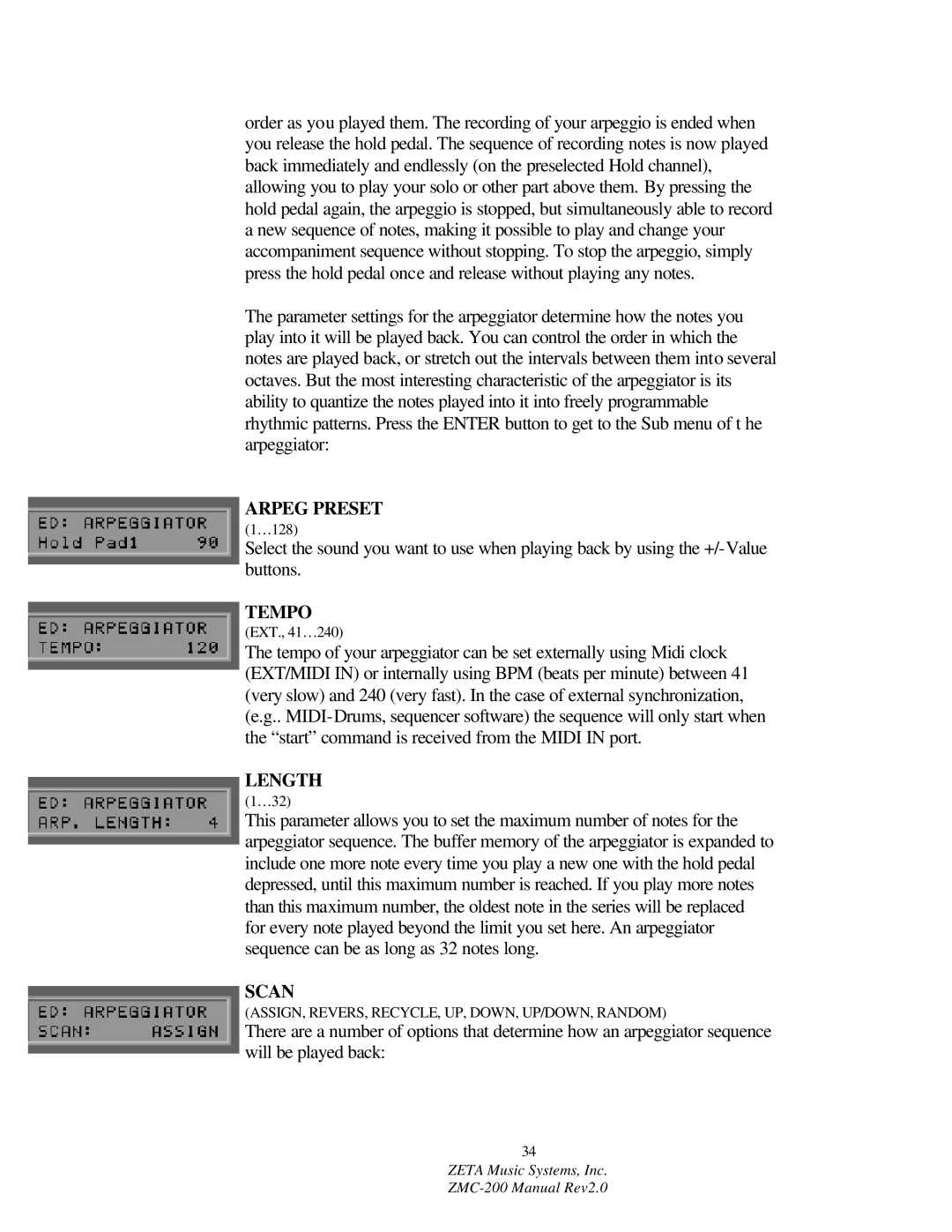 ZETA Music Systems ZMC-200 manual Arpeg Preset, Tempo, Length, Scan 