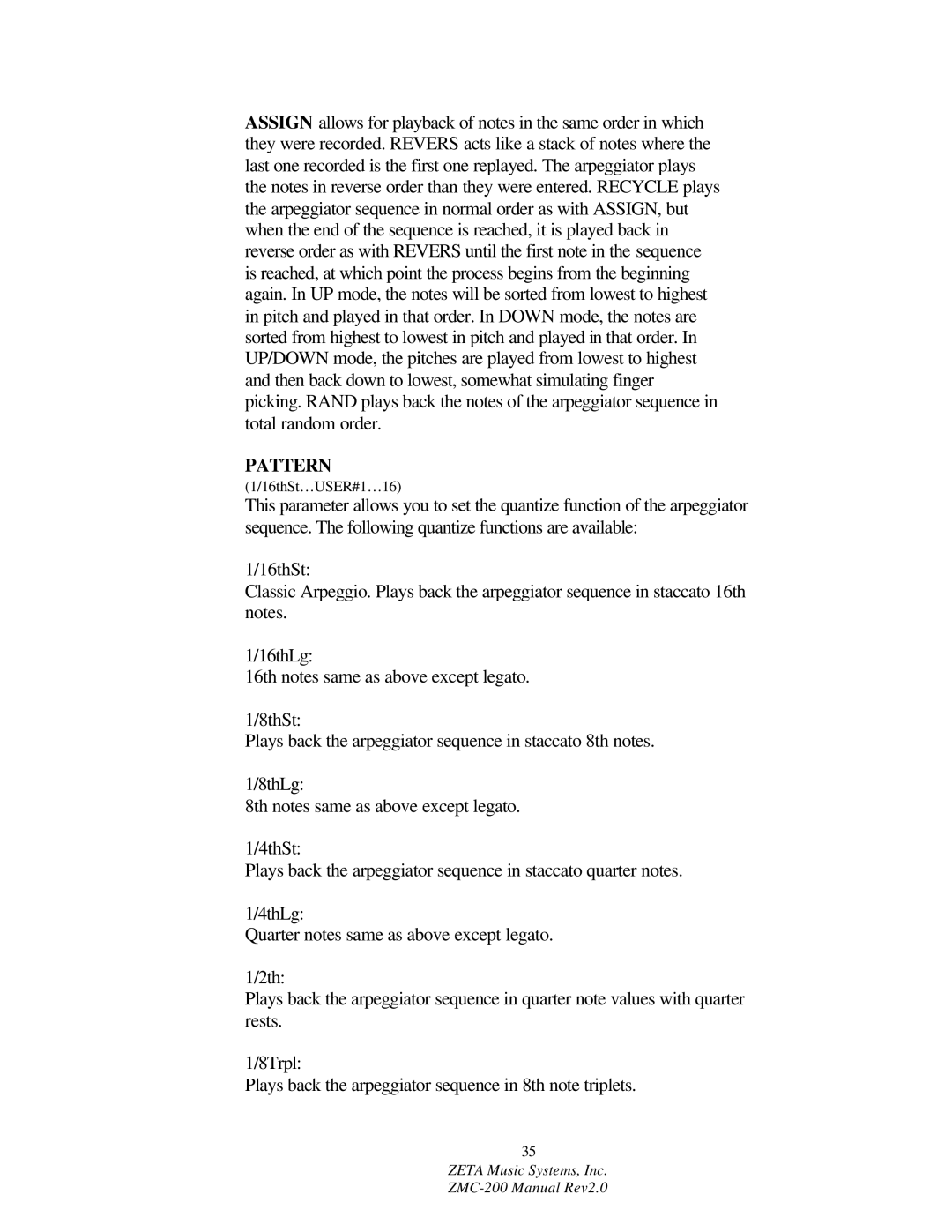 ZETA Music Systems ZMC-200 manual Pattern 