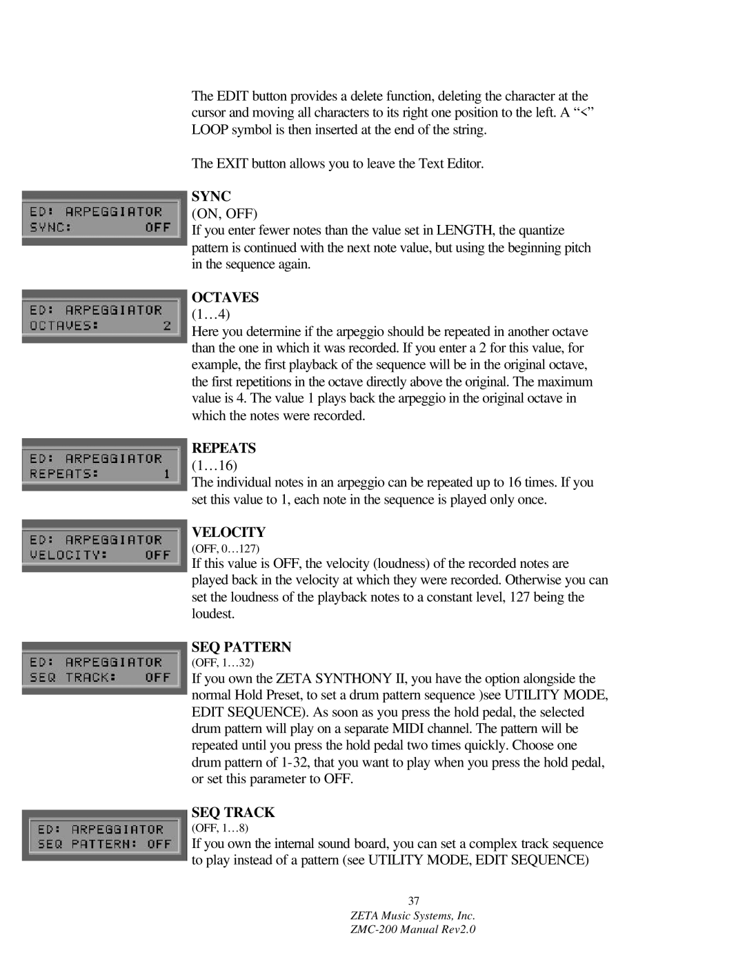 ZETA Music Systems ZMC-200 manual Sync ON, OFF, Octaves 1…4, Velocity, SEQ Pattern, SEQ Track 