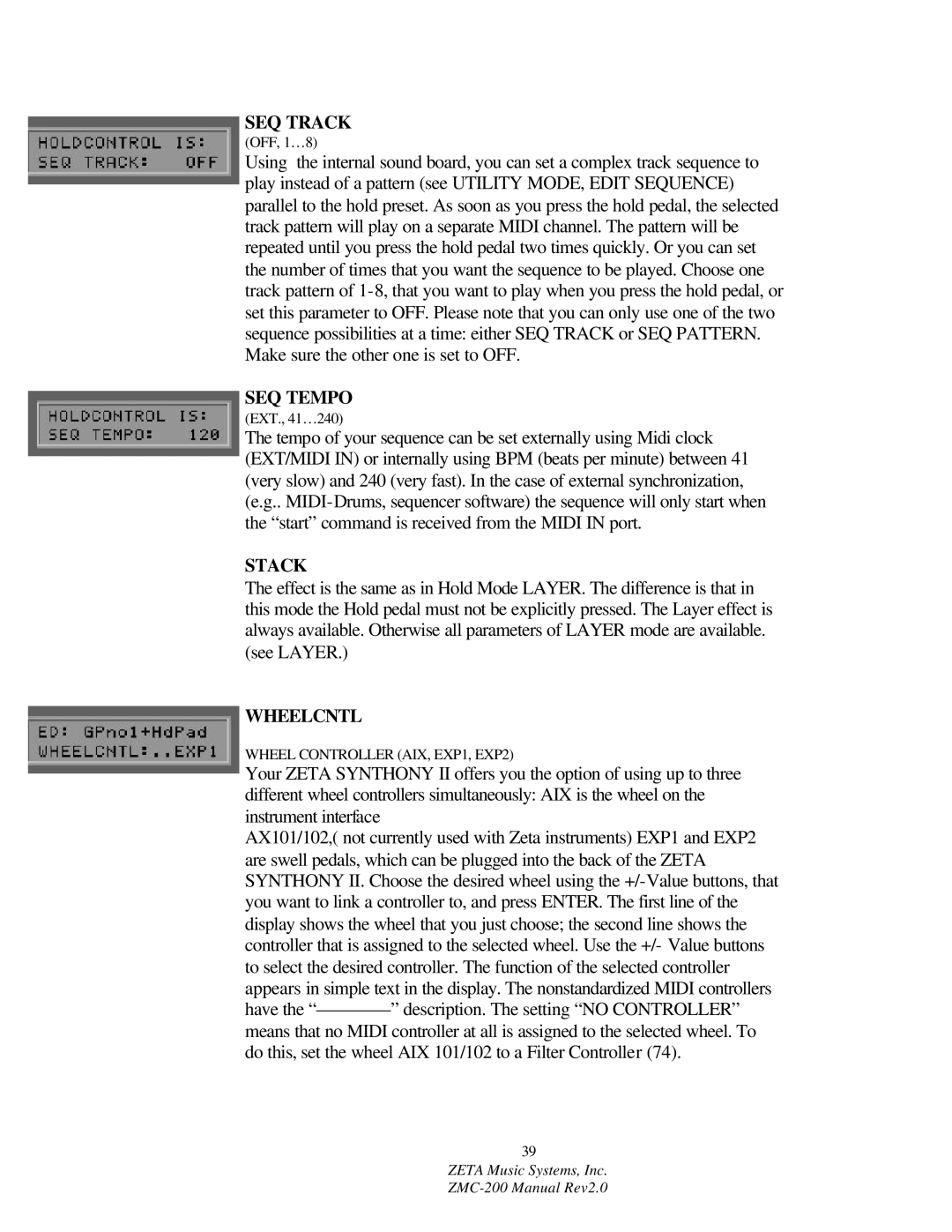 ZETA Music Systems ZMC-200 manual SEQ Tempo, Stack, Wheelcntl 