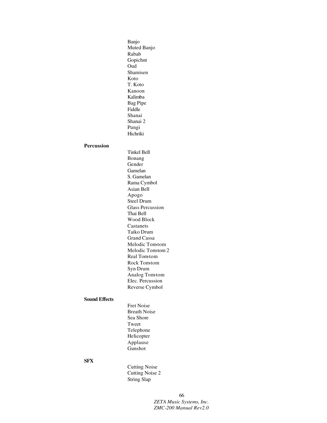 ZETA Music Systems ZMC-200 manual Percussion, Sound Effects 