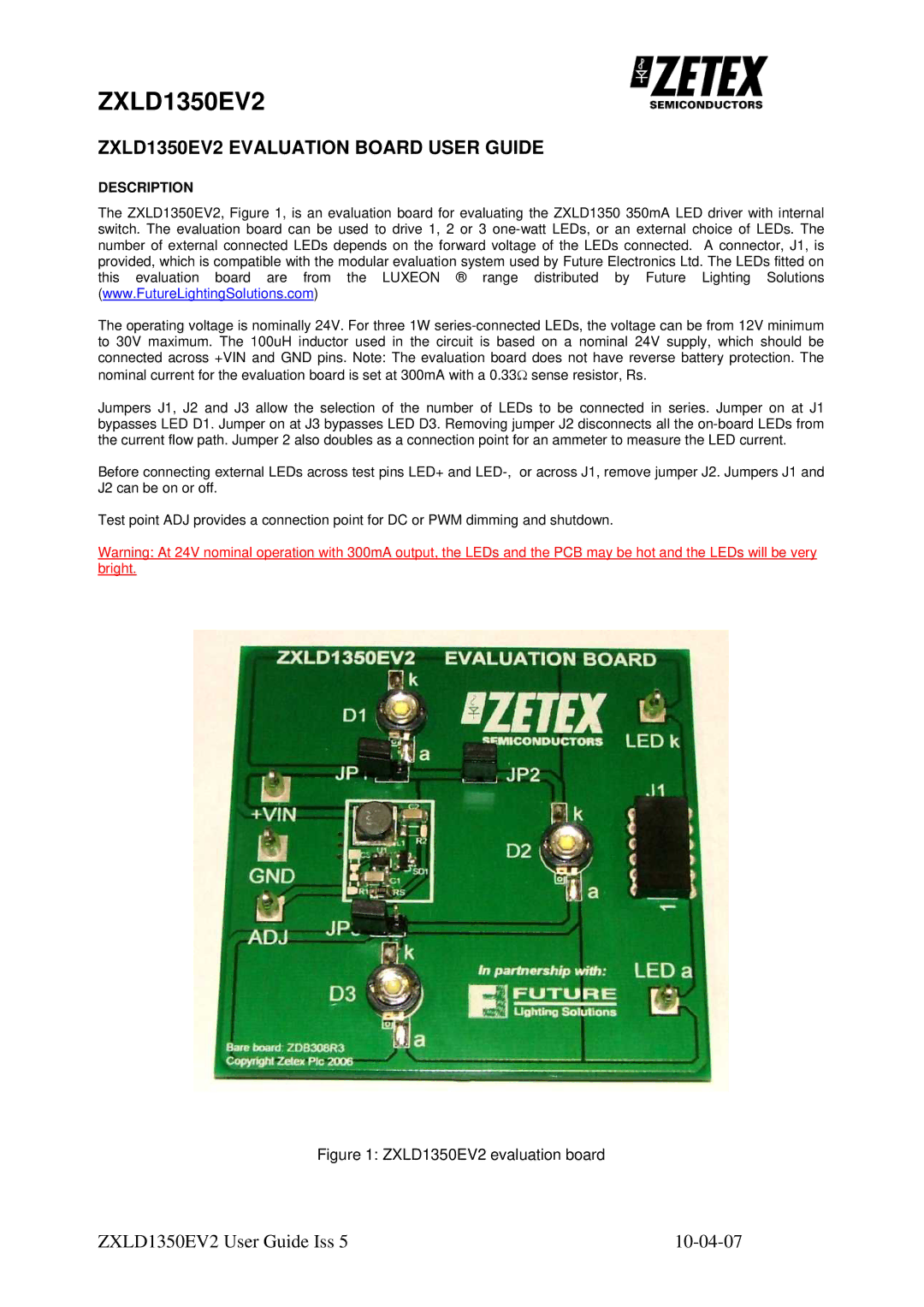 Zetex Semiconductors PLC zxld1350ev2 manual ZXLD1350EV2, Description 