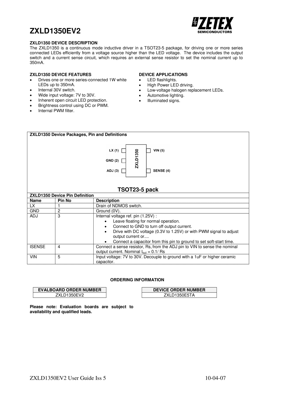 Zetex Semiconductors PLC zxld1350ev2 manual ZXLD1350 Device Description, ZXLD1350 Device Features Device Applications 