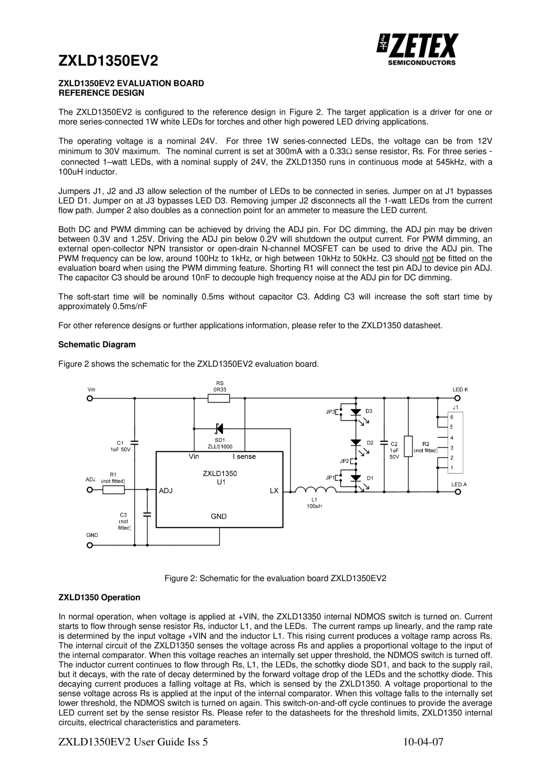 Zetex Semiconductors PLC zxld1350ev2 ZXLD1350EV2 Evaluation Board Reference Design, Schematic Diagram, ZXLD1350 Operation 