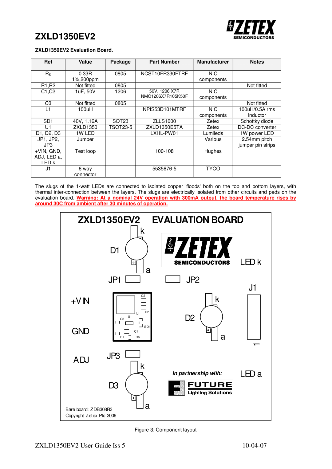 Zetex Semiconductors PLC zxld1350ev2 manual Nic, NPIS53D101MTRF NIC, SD1, SOT23, 1W LED, JP3, +Vin, Gnd, Tyco 