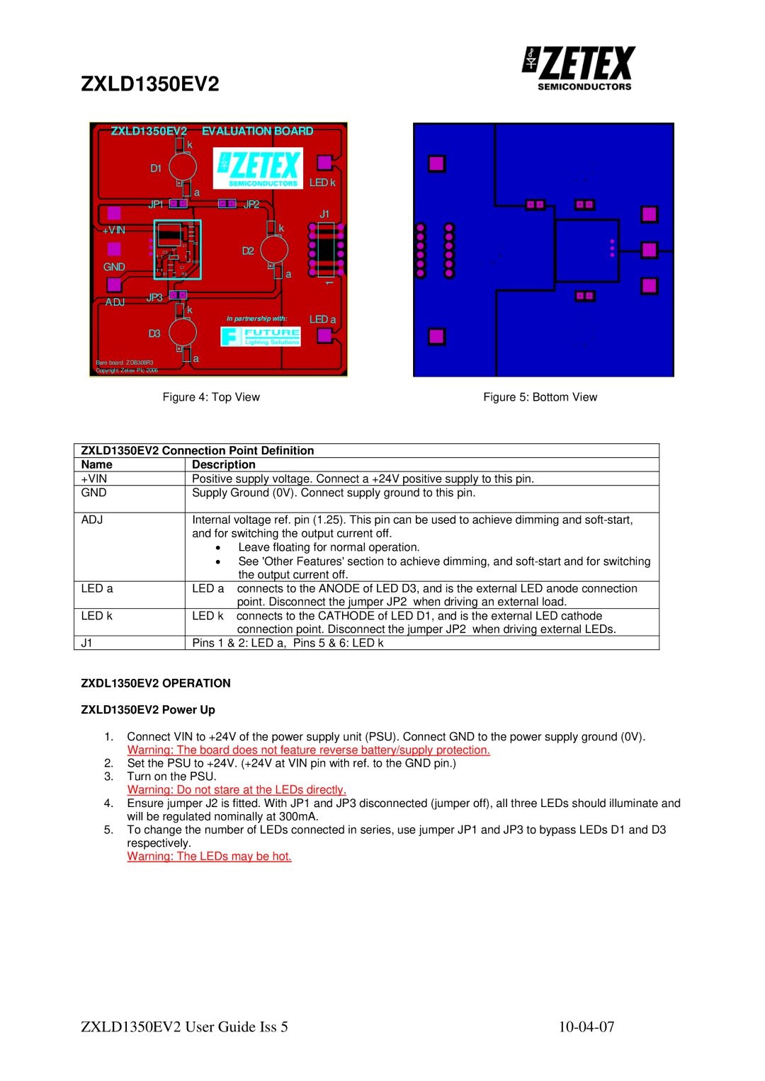 Zetex Semiconductors PLC zxld1350ev2 ZXLD1350EV2 Connection Point Definition Name Description, +Vin, ZXDL1350EV2 Operation 