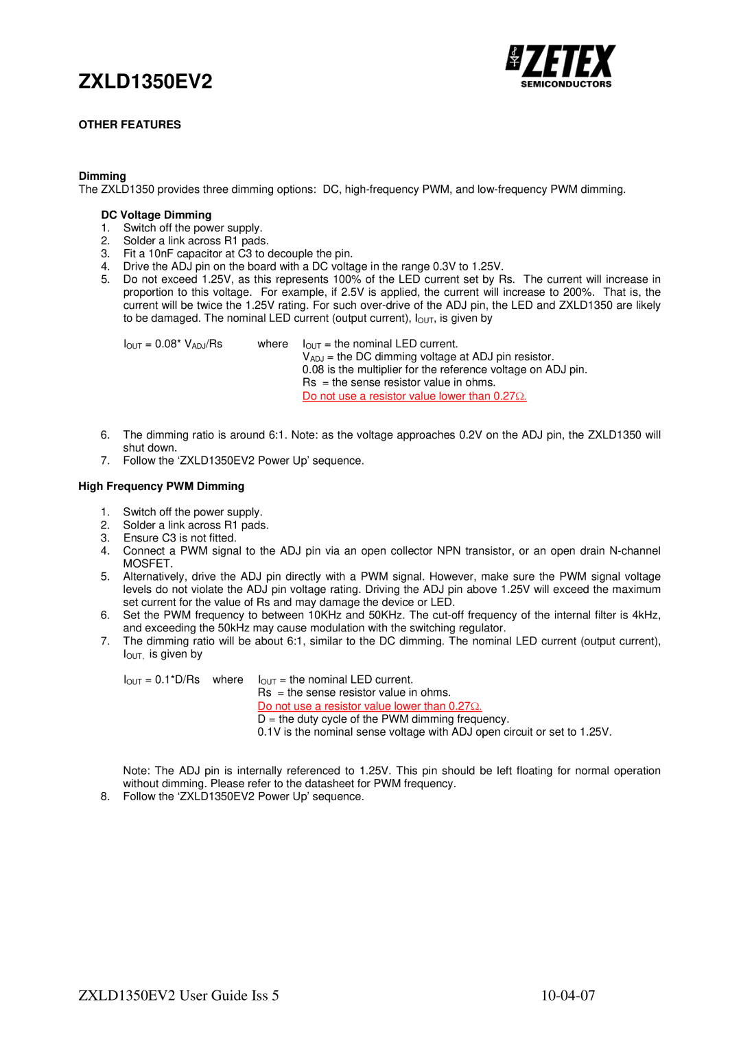 Zetex Semiconductors PLC zxld1350ev2 manual Other Features, DC Voltage Dimming, High Frequency PWM Dimming, Mosfet 