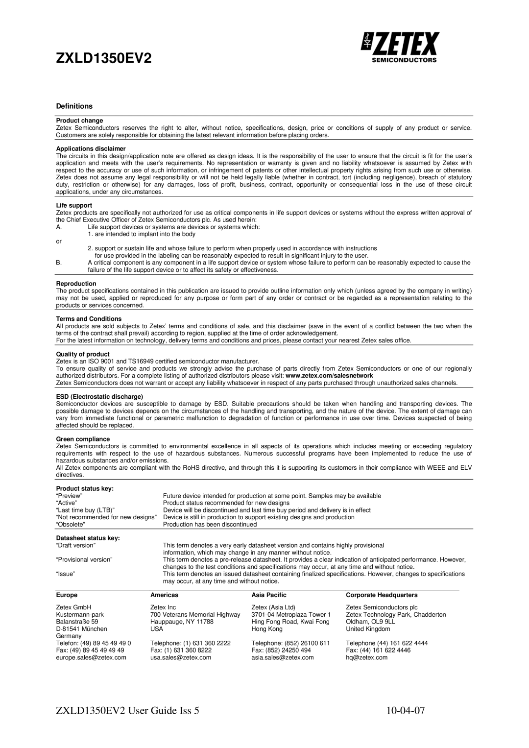 Zetex Semiconductors PLC zxld1350ev2 manual Definitions 