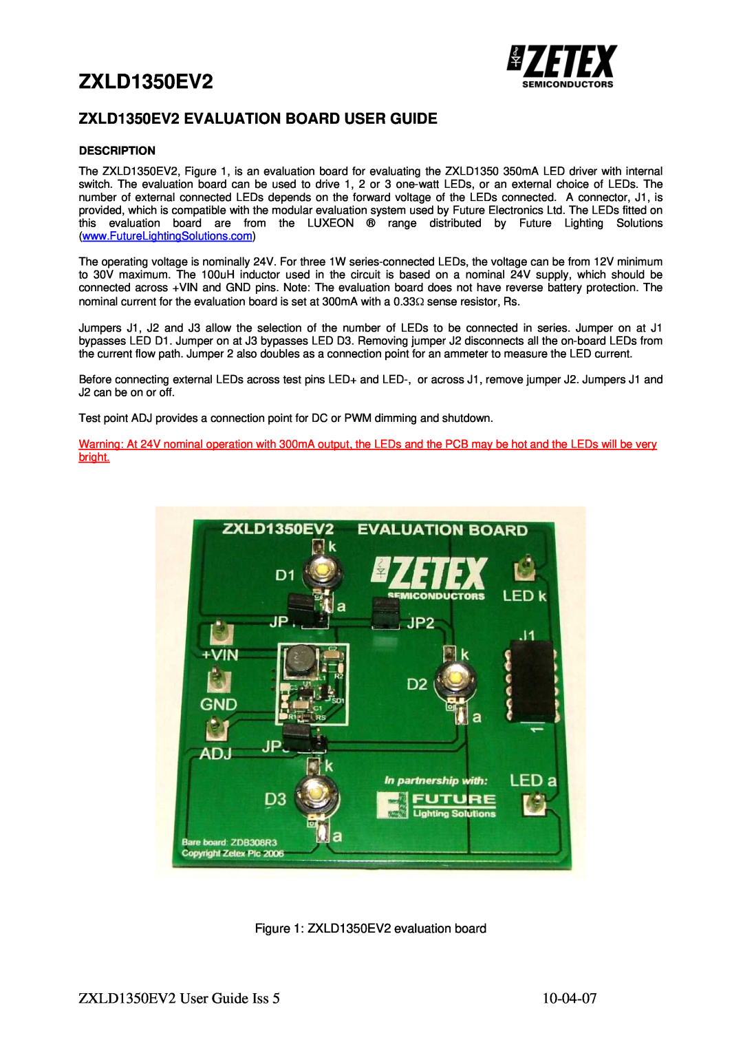 Zetex Semiconductors PLC zxld1350ev2 manual ZXLD1350EV2 EVALUATION BOARD USER GUIDE, ZXLD1350EV2 User Guide Iss 