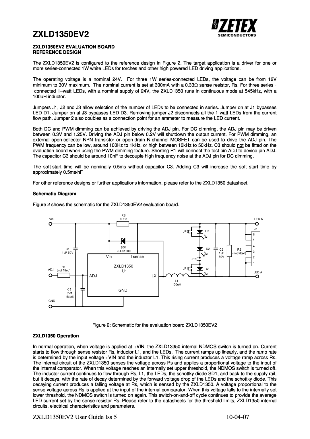 Zetex Semiconductors PLC zxld1350ev2 manual ZXLD1350EV2 User Guide Iss, 10-04-07, Schematic Diagram, ZXLD1350 Operation 