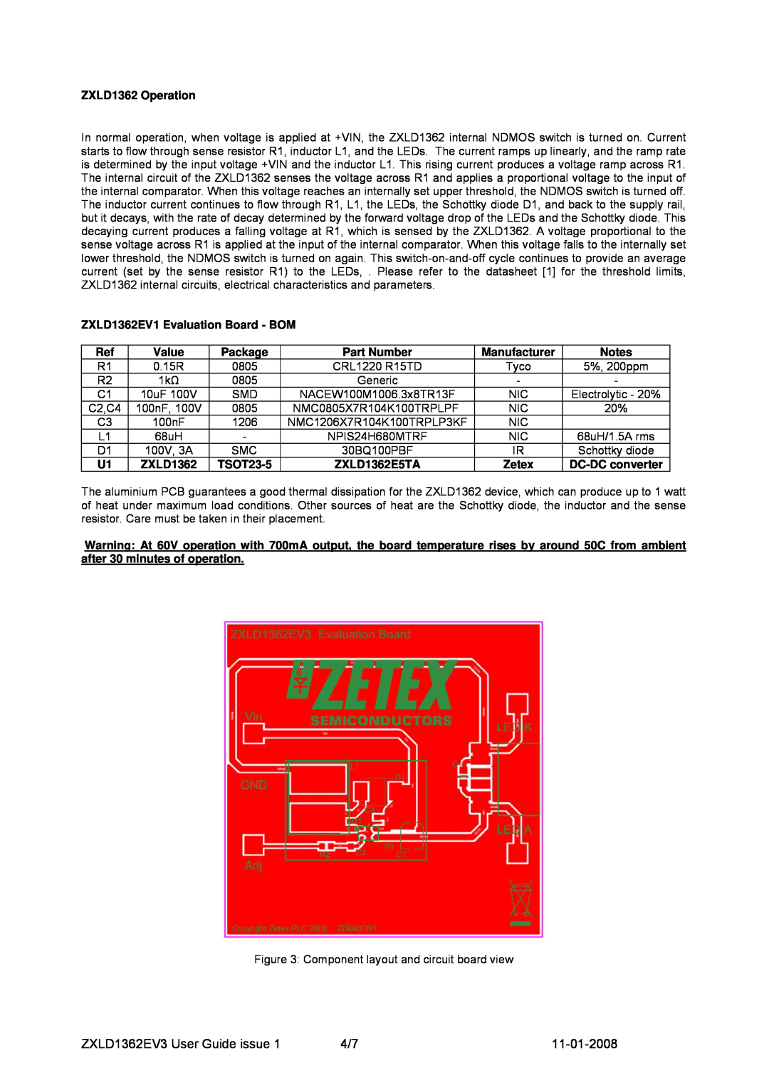 Zetex Semiconductors PLC manual ZXLD1362EV3 User Guide issue, 11-01-2008, Tyco 