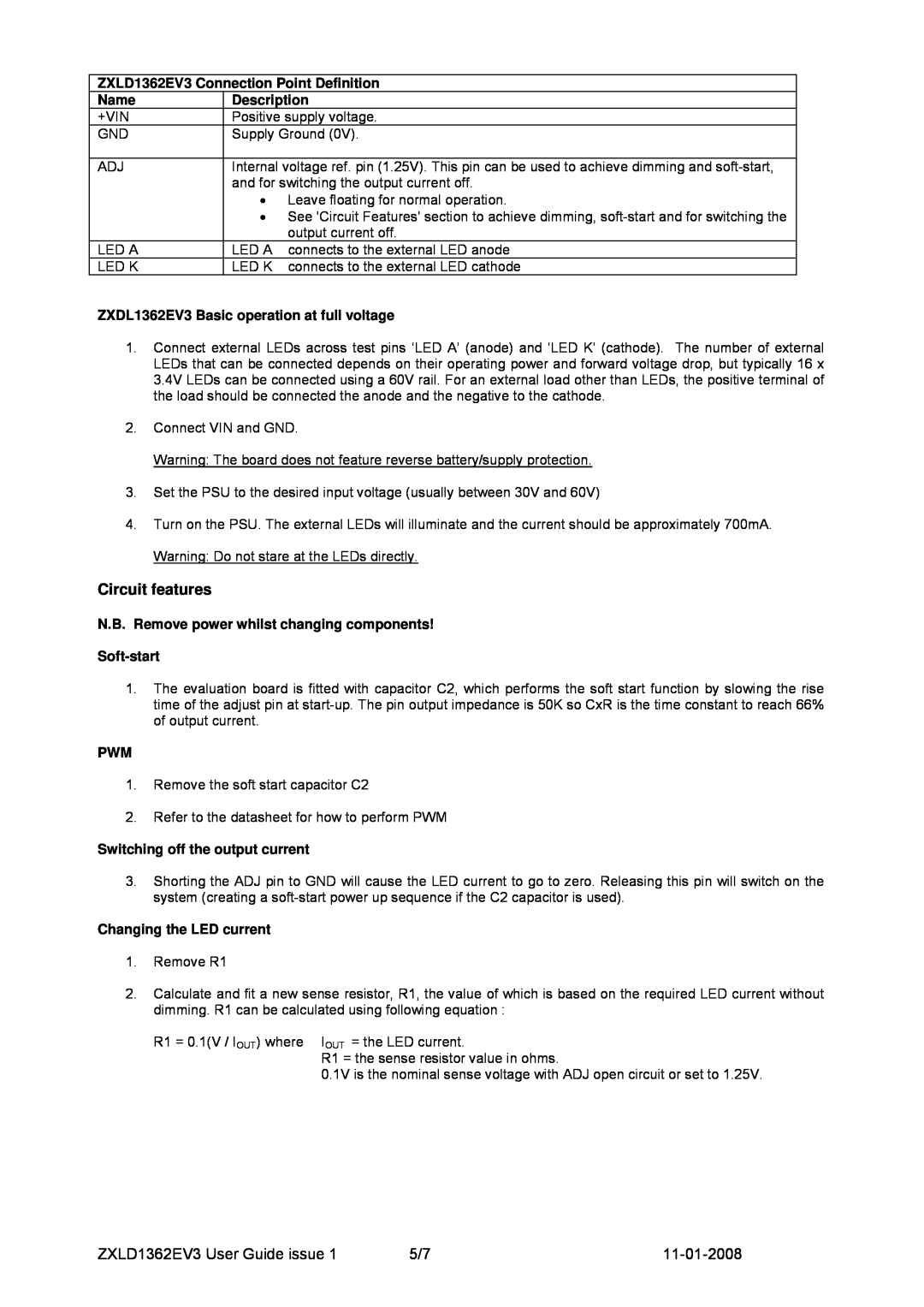 Zetex Semiconductors PLC manual Circuit features, ZXLD1362EV3 User Guide issue, 11-01-2008 