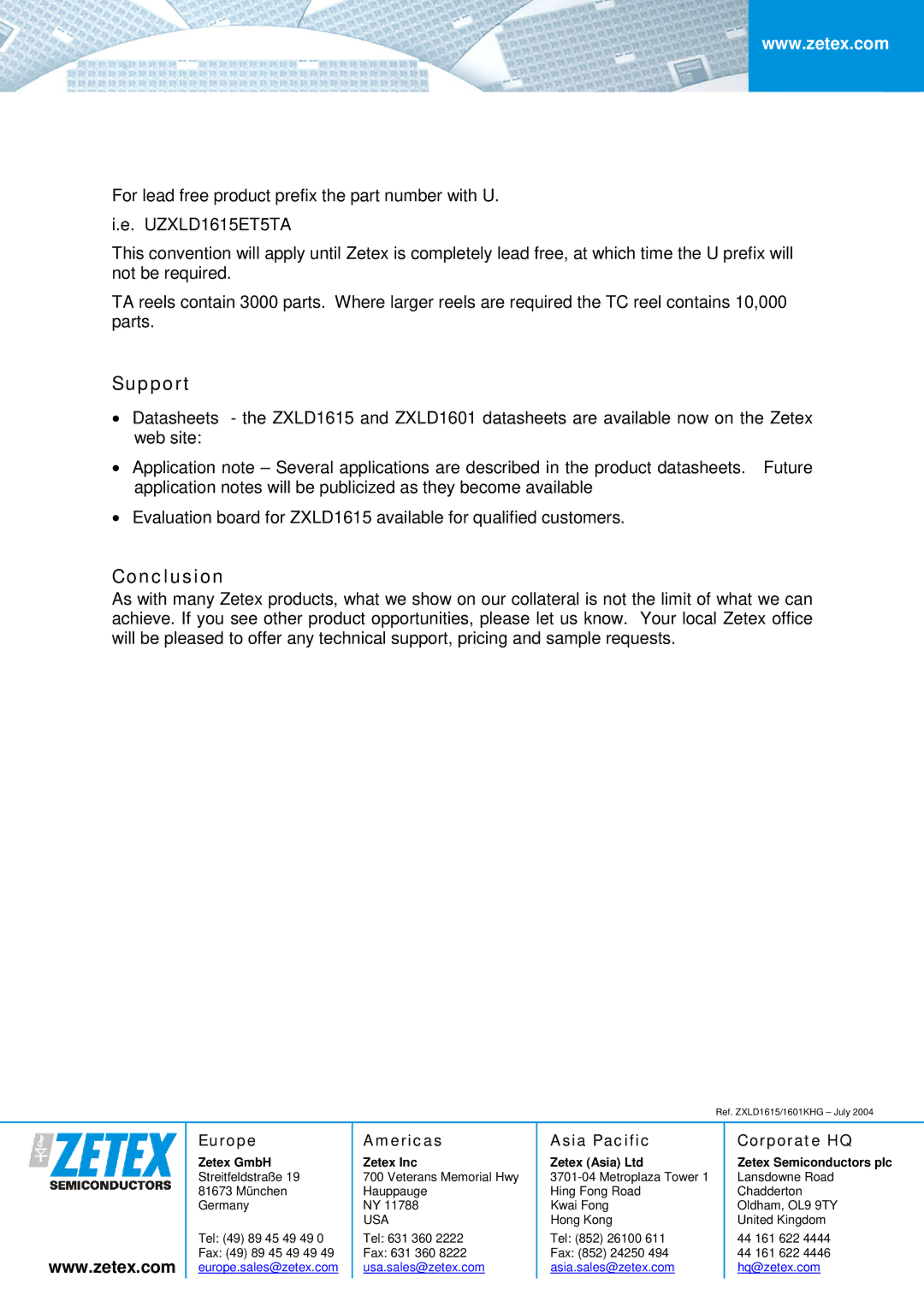 Zetex Semiconductors PLC ZXLD1615/1601 manual Support, Conclusion 