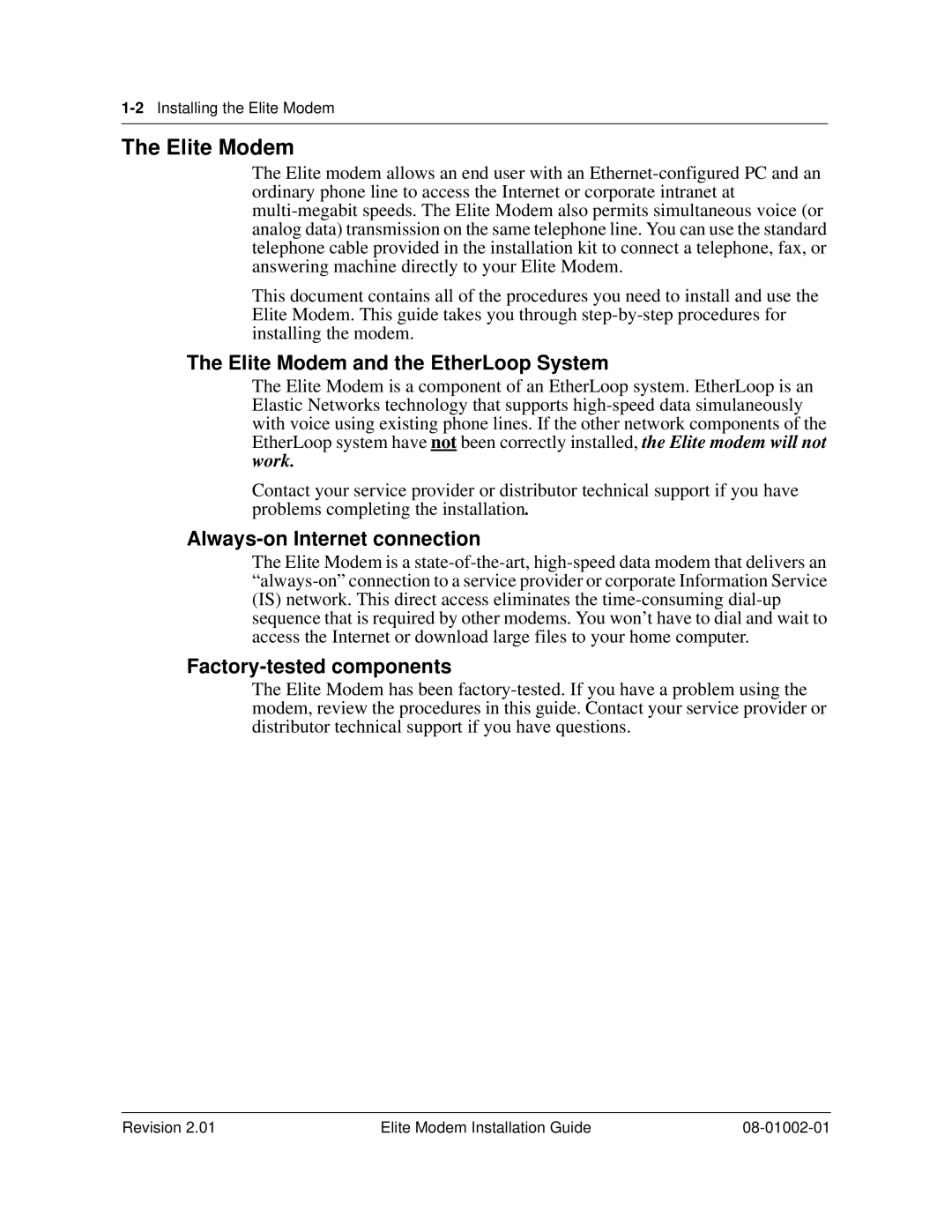 Zhone Technologies 08-01002-01 manual Elite Modem and the EtherLoop System 