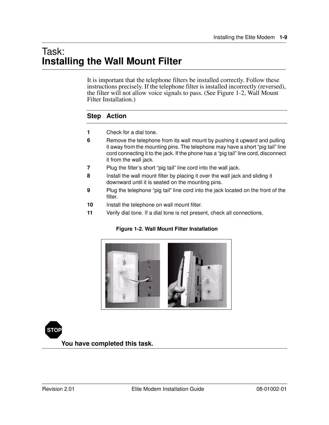 Zhone Technologies 08-01002-01 manual Step, Wall Mount Filter Installation 