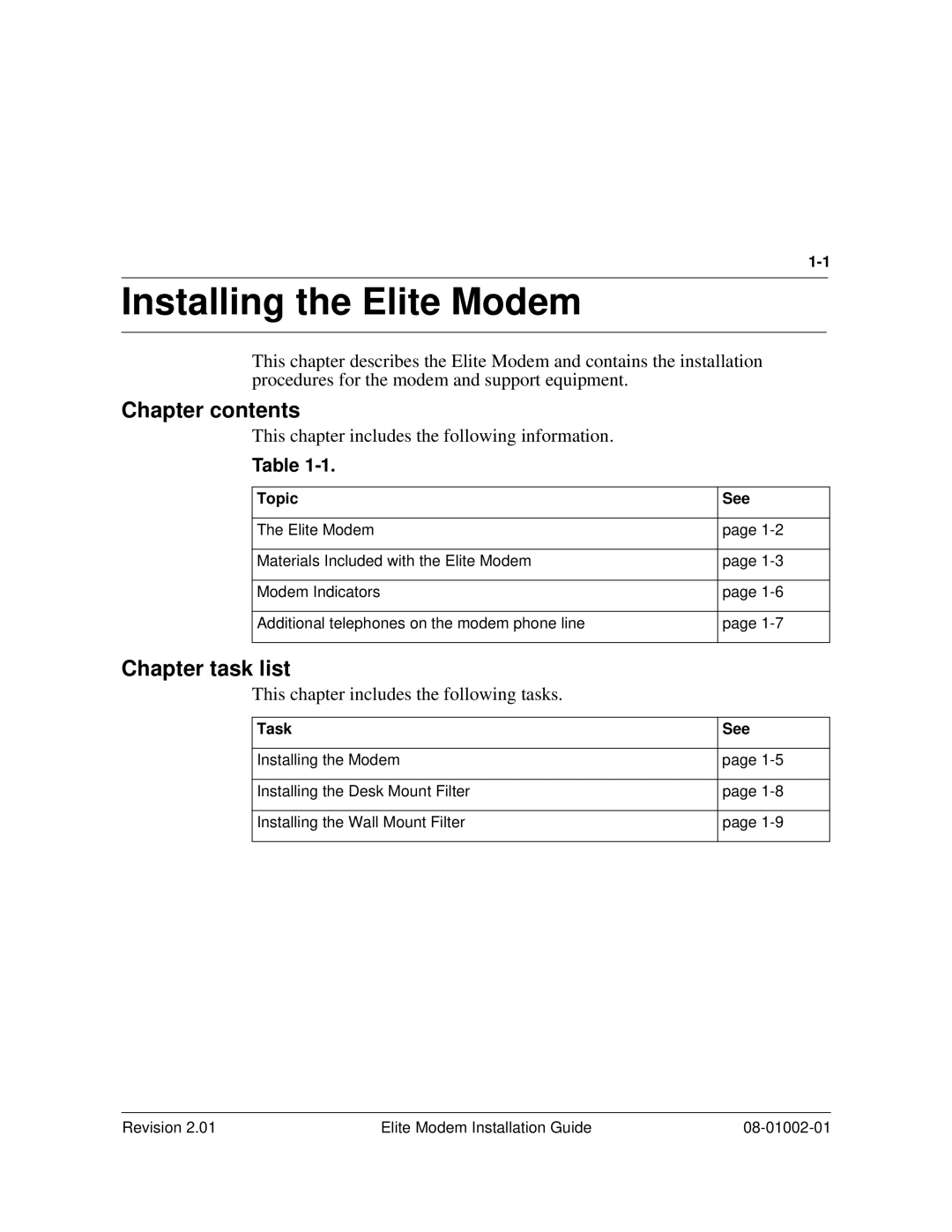 Zhone Technologies 08-01002-01 manual Installing the Elite Modem, Chapter contents, Chapter task list 