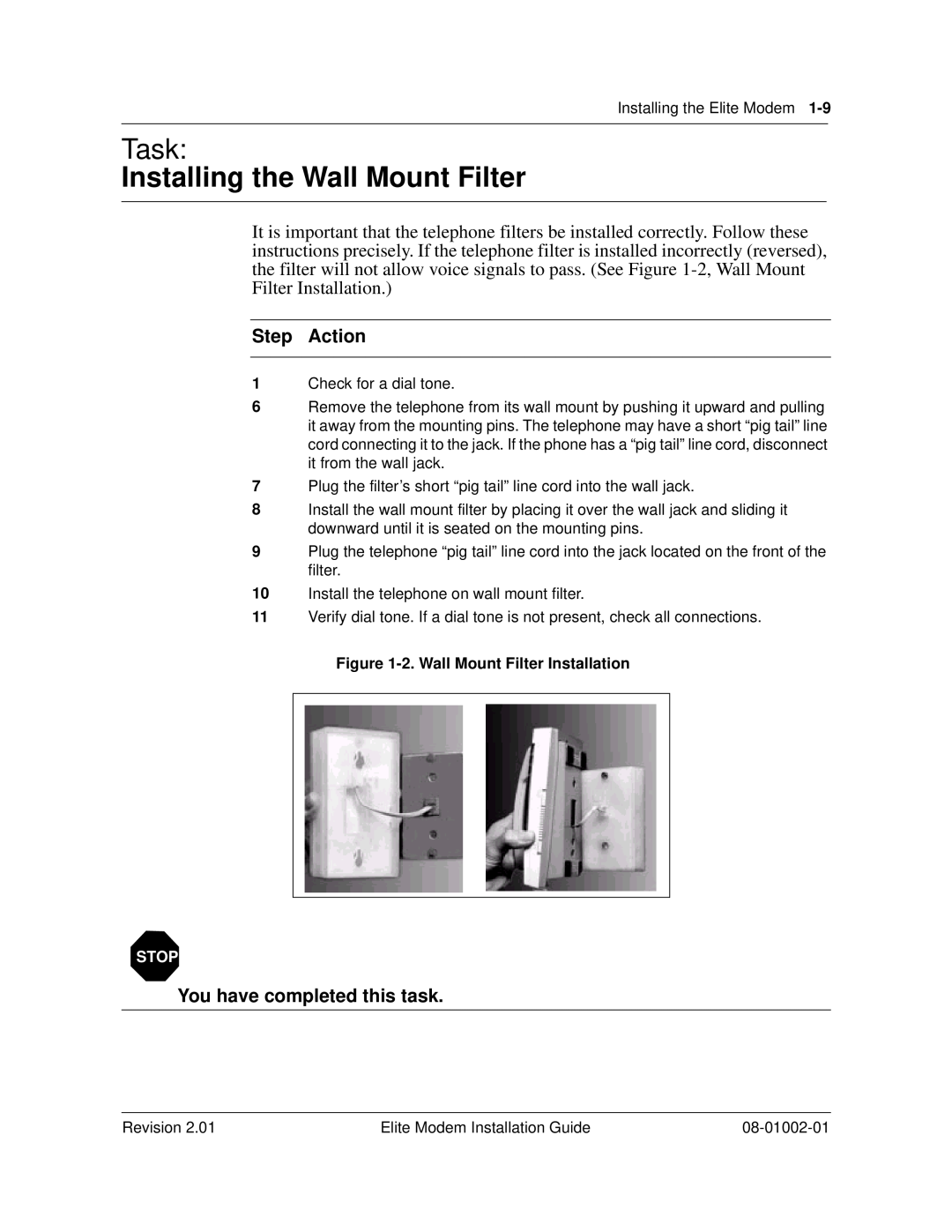 Zhone Technologies 08-01002-01 manual Installing the Wall Mount Filter, Task, 2. Wall Mount Filter Installation, Stop 
