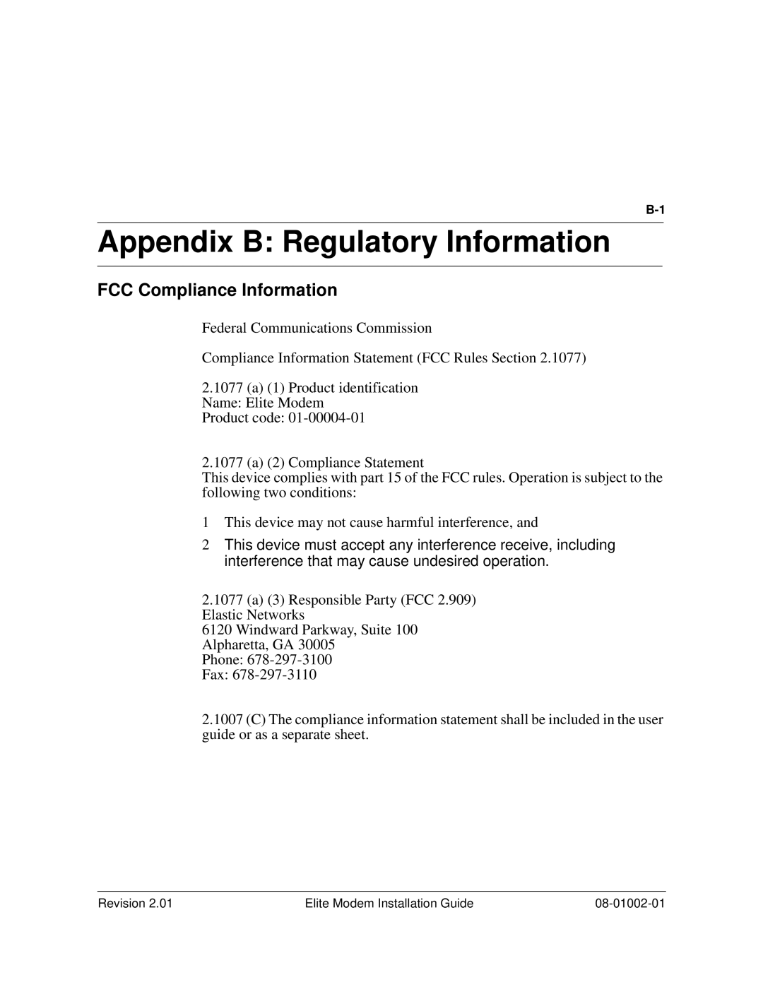 Zhone Technologies 08-01002-01 manual Appendix B Regulatory Information B, FCC Compliance Information 