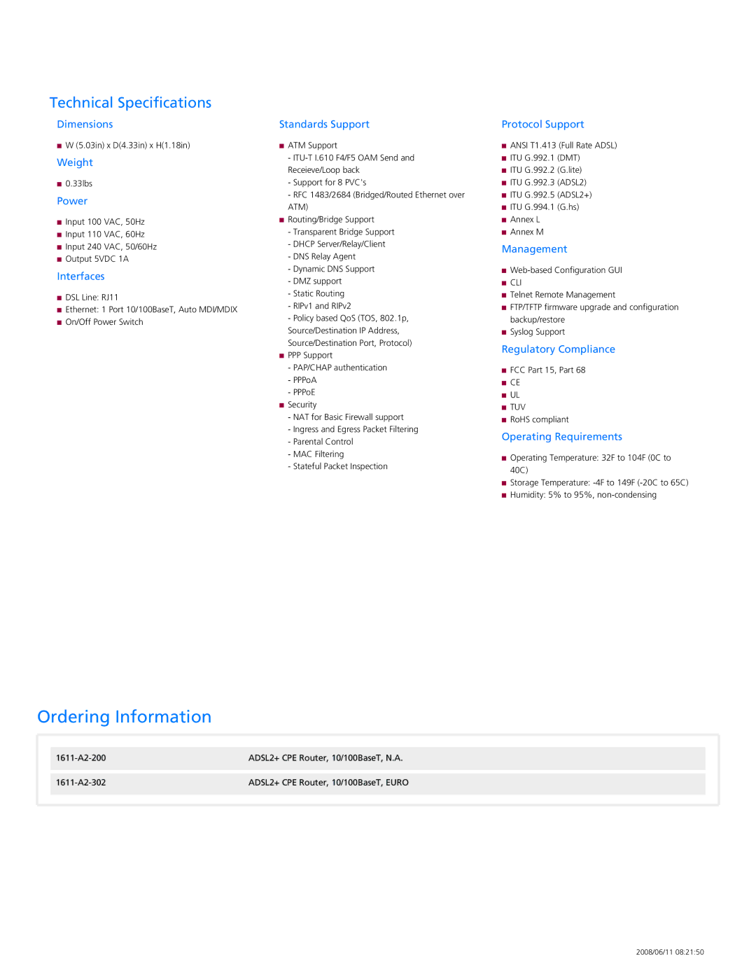 Zhone Technologies 1611-A2-xxx manual Ordering Information, ADSL2+ Single Port Modem 