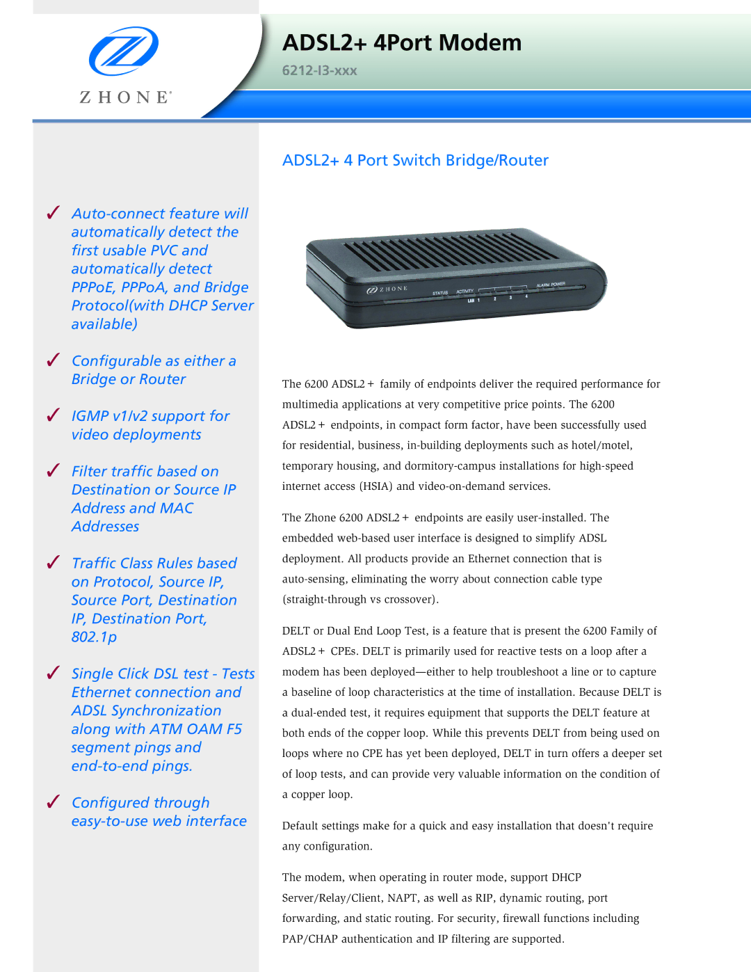 Zhone Technologies 1612-A2-xxx manual ADSL2+ 4Port Modem 