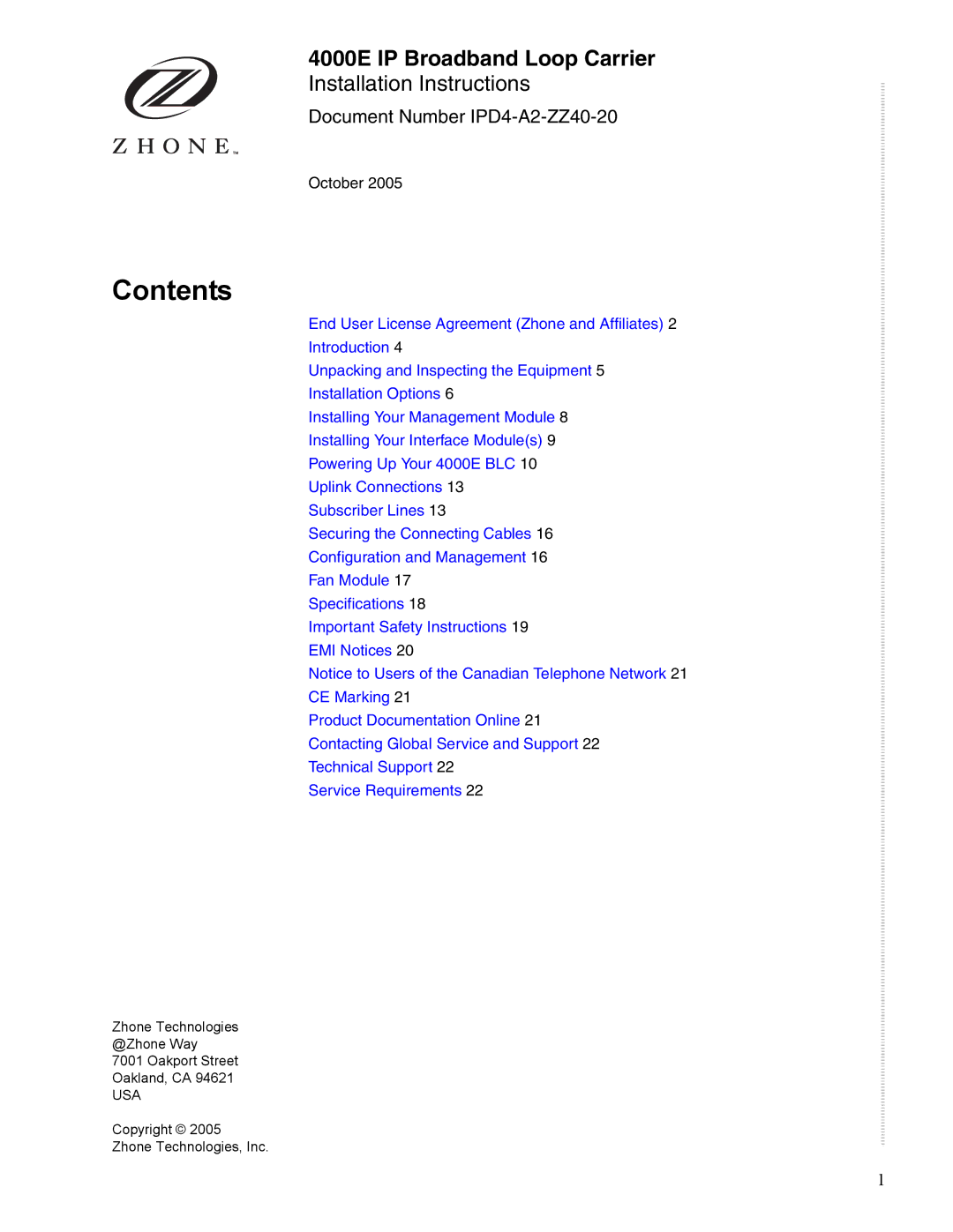 Zhone Technologies 4000E installation instructions Contents 